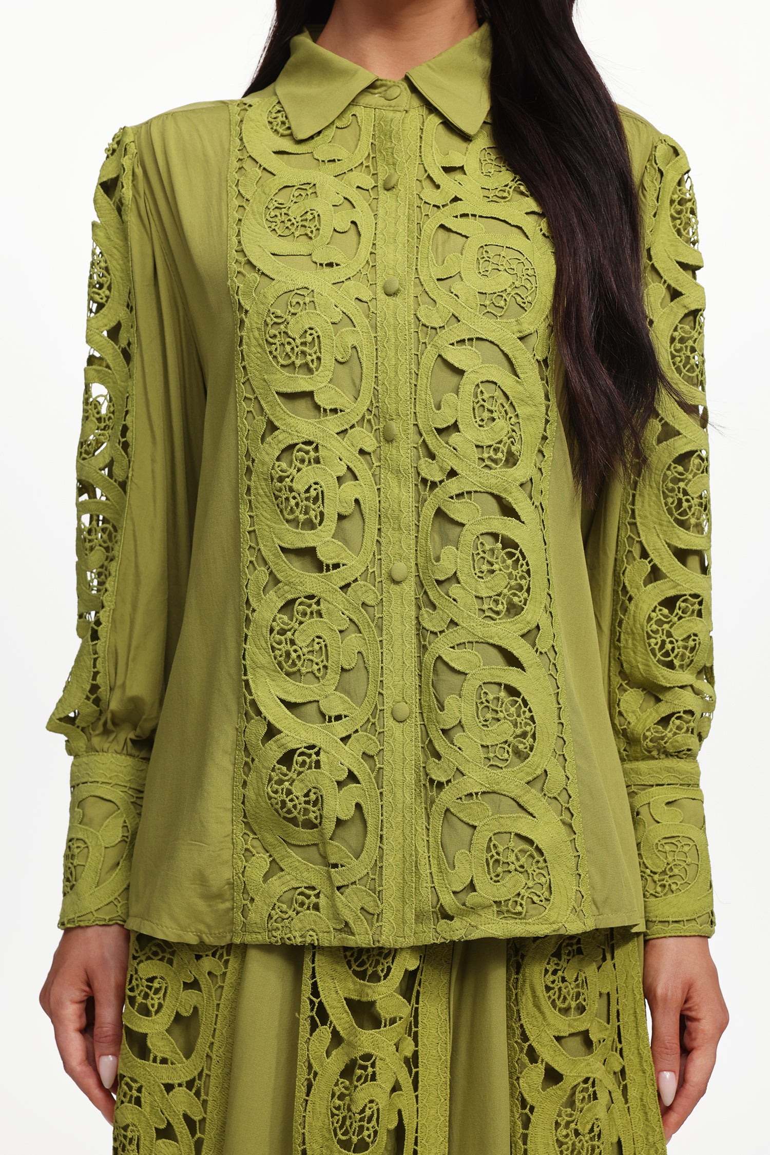 Sharla Resort Flowy Long Sleeve Cut Out Woven Top And Skirt Two-Piece Set