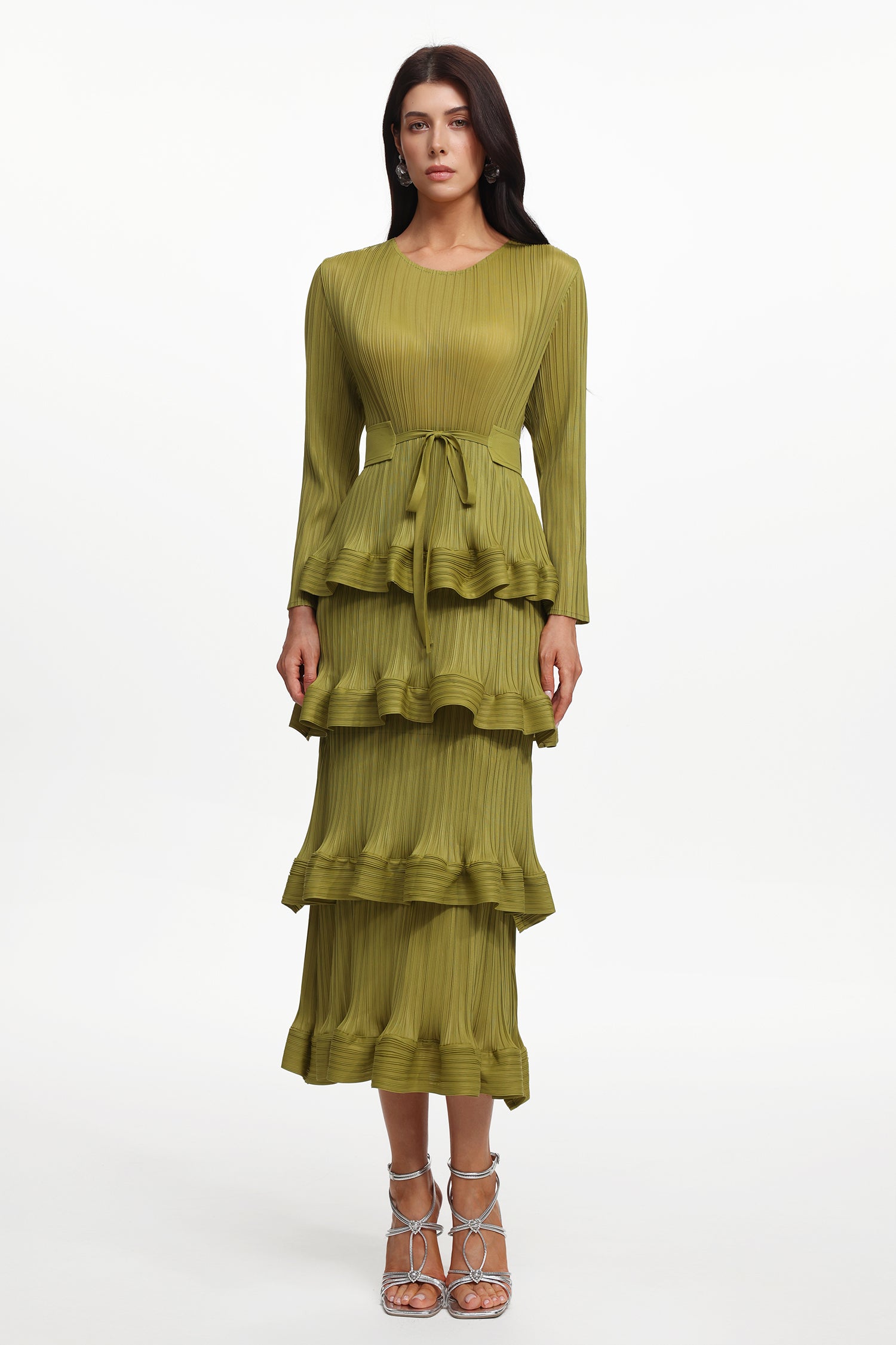 Yuyo Resort Flowy Round Neck Long Sleeve Ruffle Pleated Knit Maxi Dress