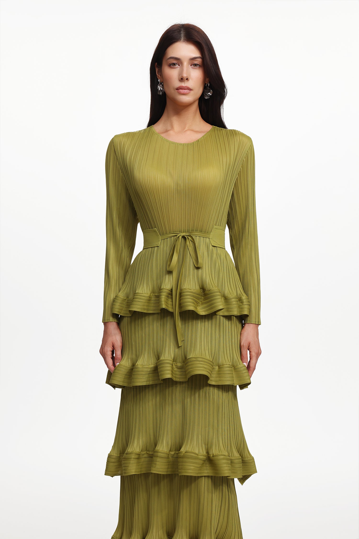 Yuyo Resort Flowy Round Neck Long Sleeve Ruffle Pleated Knit Maxi Dress