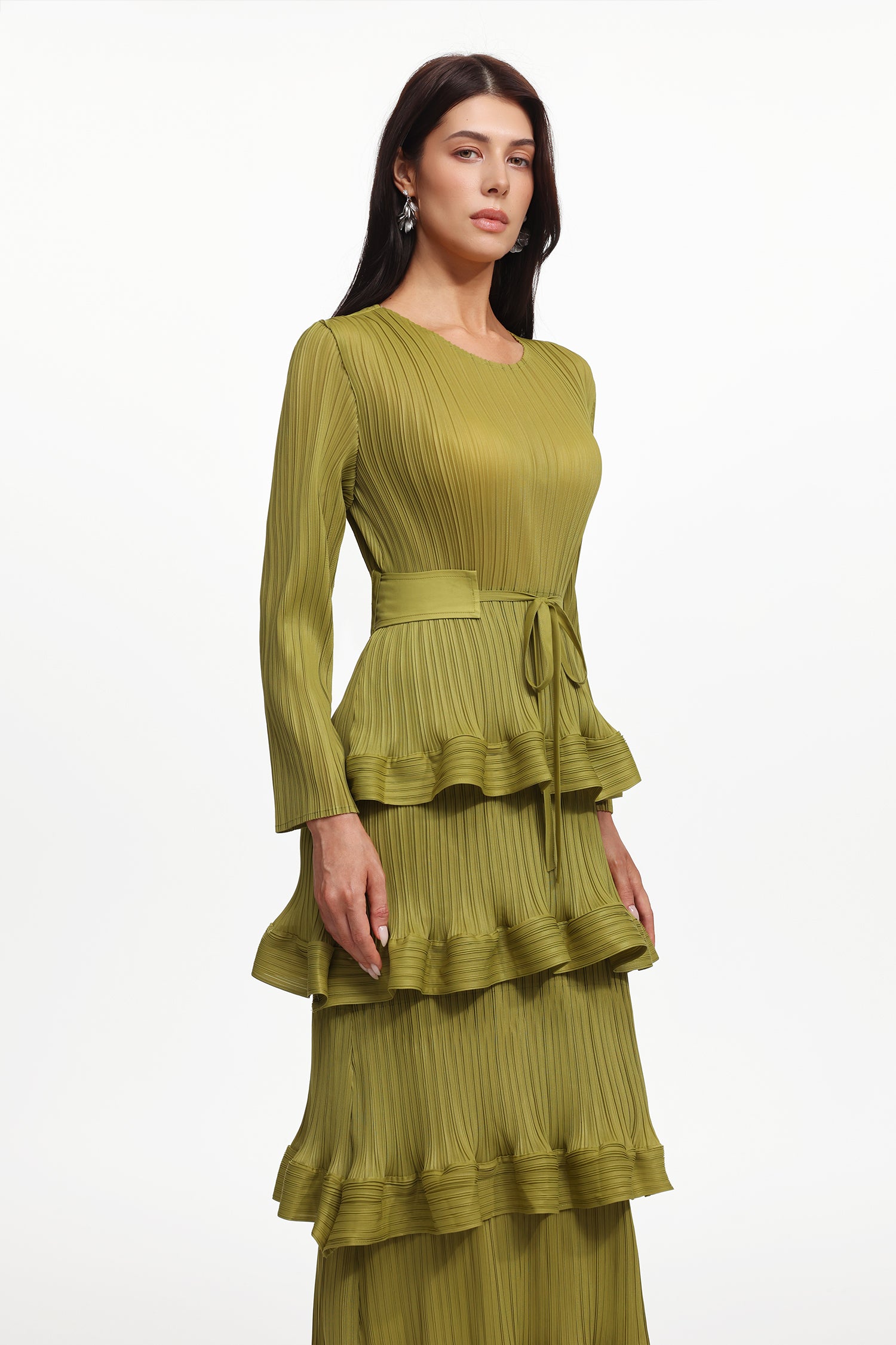 Yuyo Resort Flowy Round Neck Long Sleeve Ruffle Pleated Knit Maxi Dress