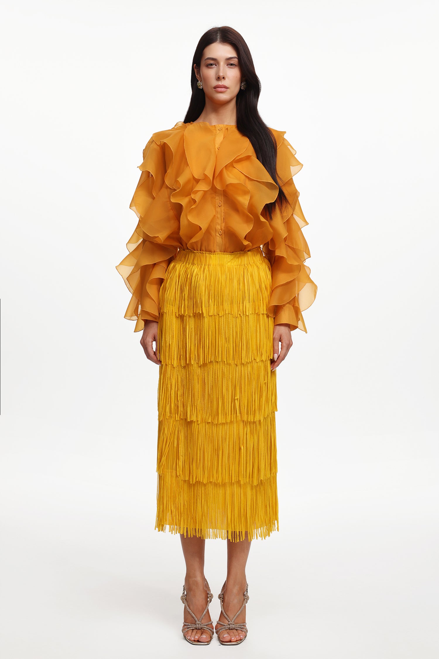 Davina Resort Flowy Long Sleeve Ruffle Woven Top And Skirt Two-Piece Set