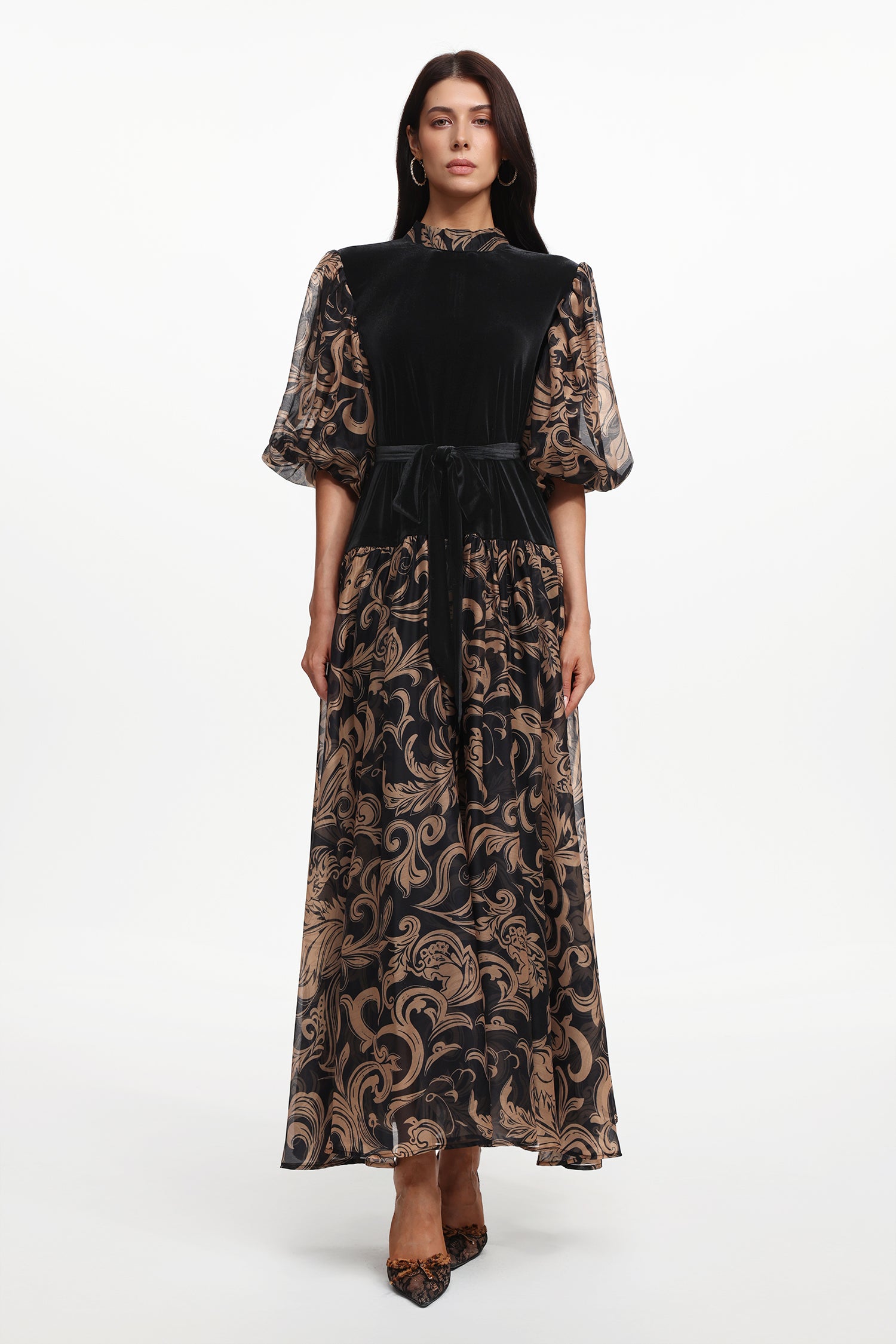 Secyij Resort Flowy Puff Sleeve Printed Woven Maxi Dress
