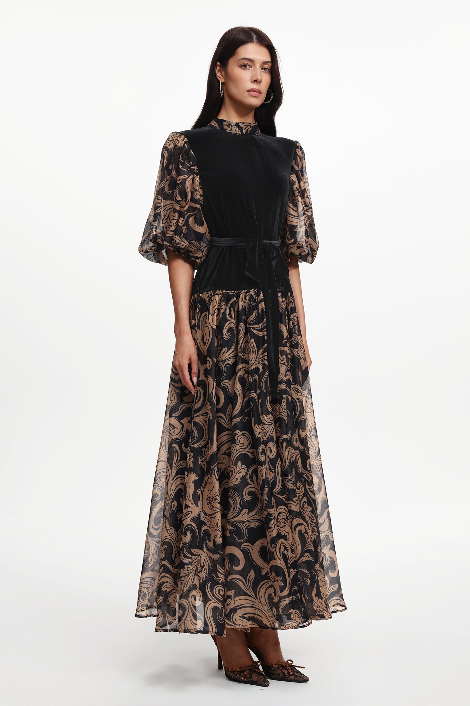 Secyij Resort Flowy Puff Sleeve Printed Woven Maxi Dress