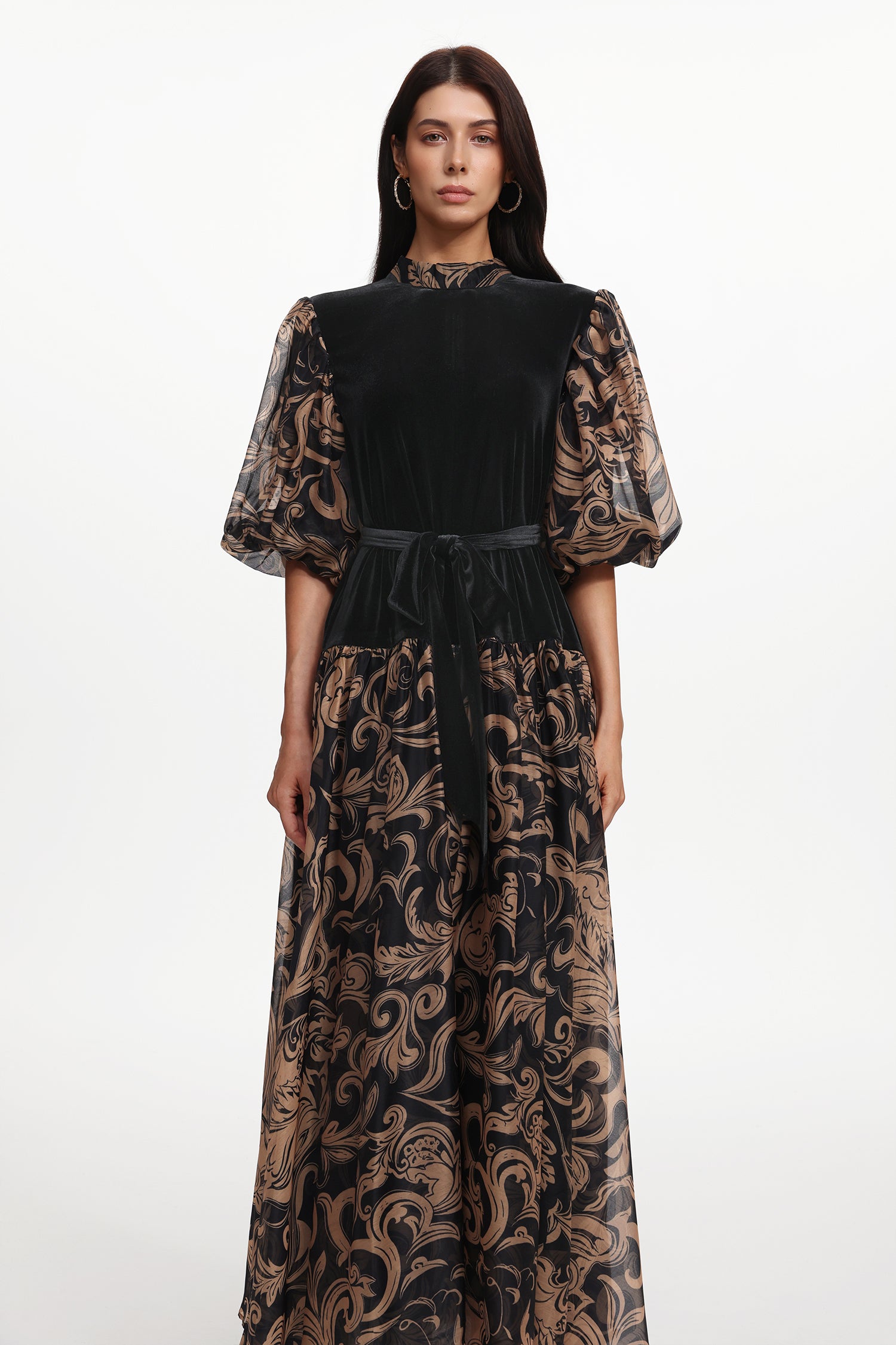 Secyij Resort Flowy Puff Sleeve Printed Woven Maxi Dress