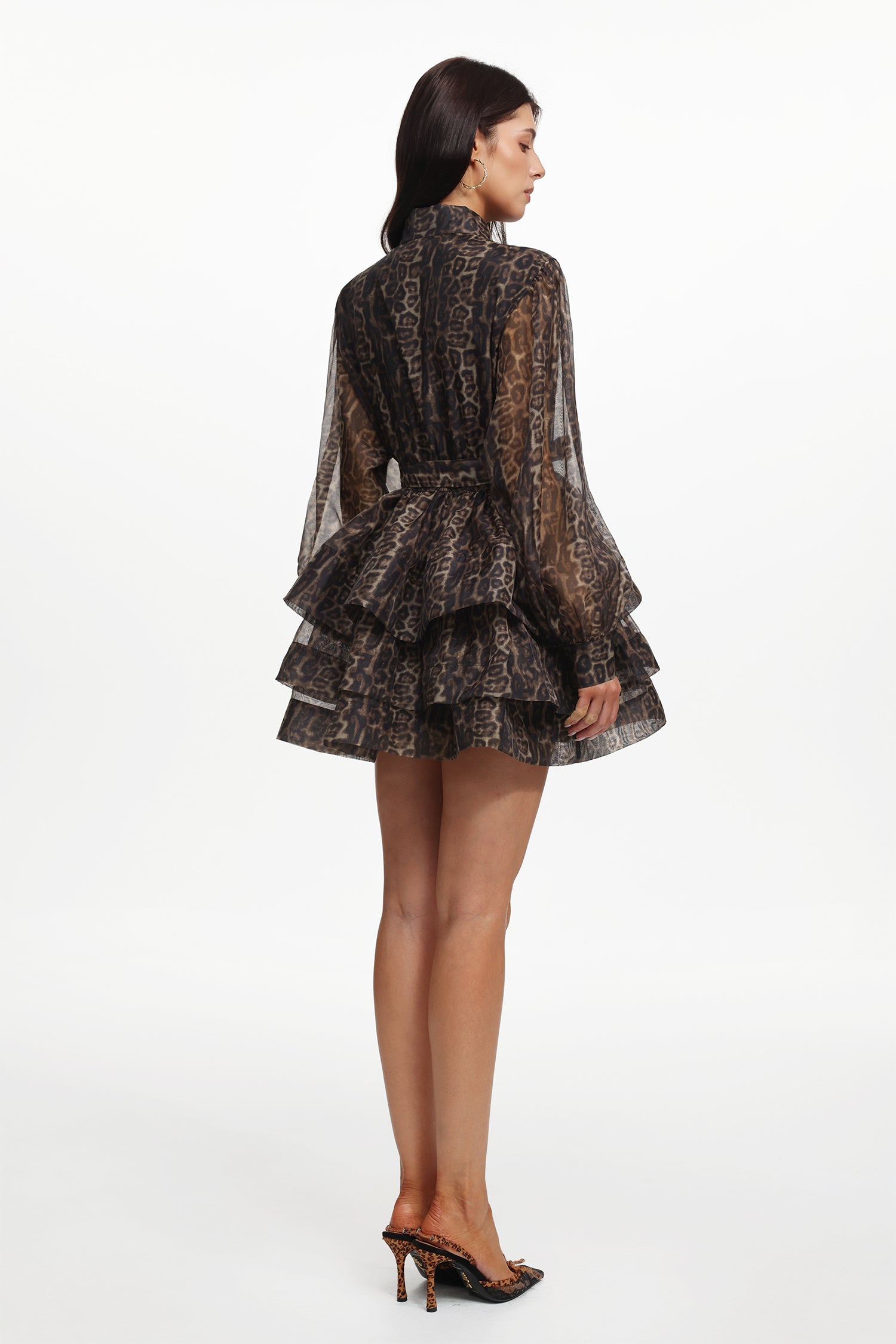 Dilara Resort Flowy Long Sleeve Leopard Printed Woven Mini Dress