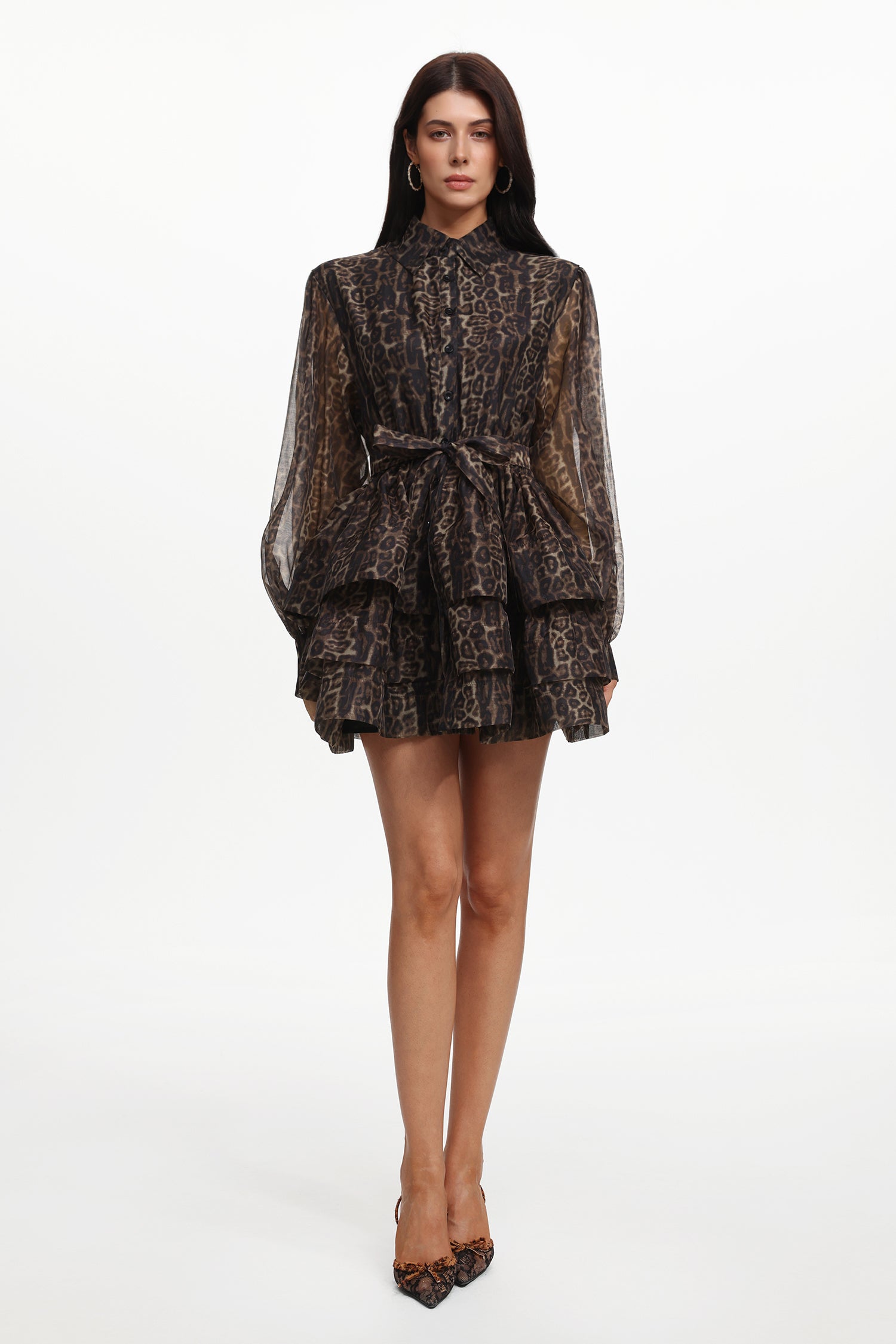 Dilara Resort Flowy Long Sleeve Leopard Printed Woven Mini Dress