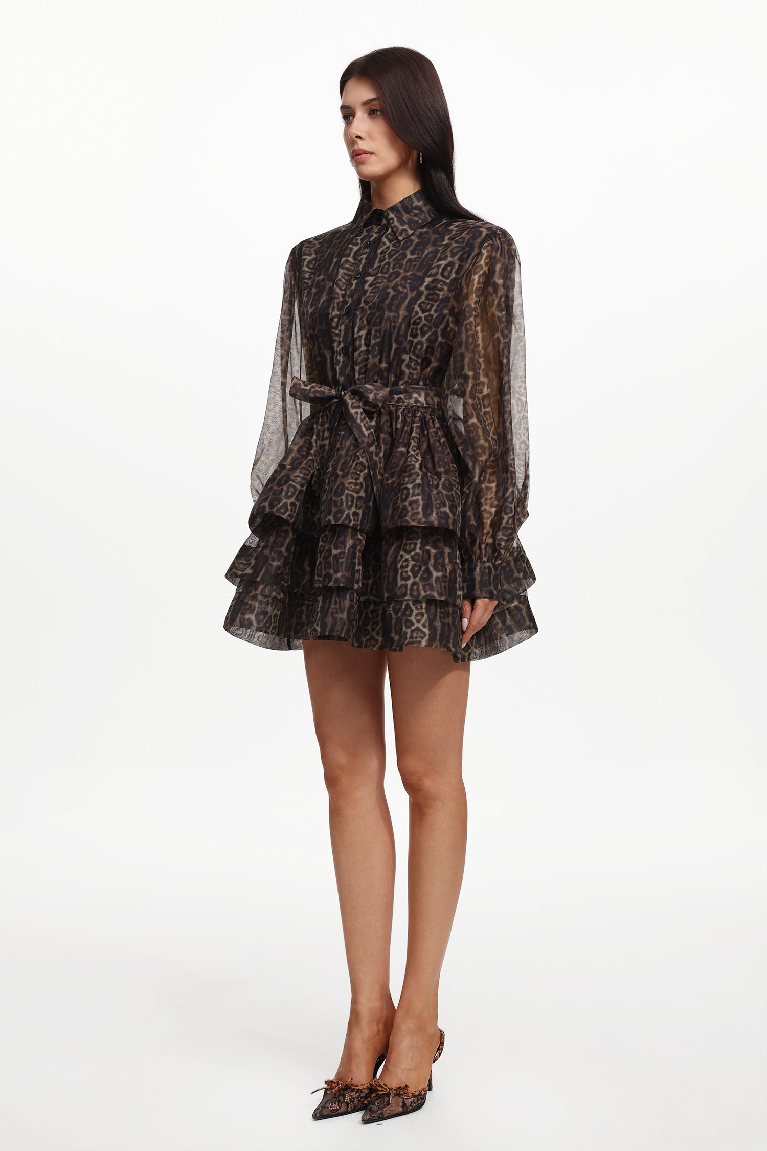 Dilara Resort Flowy Long Sleeve Leopard Printed Woven Mini Dress