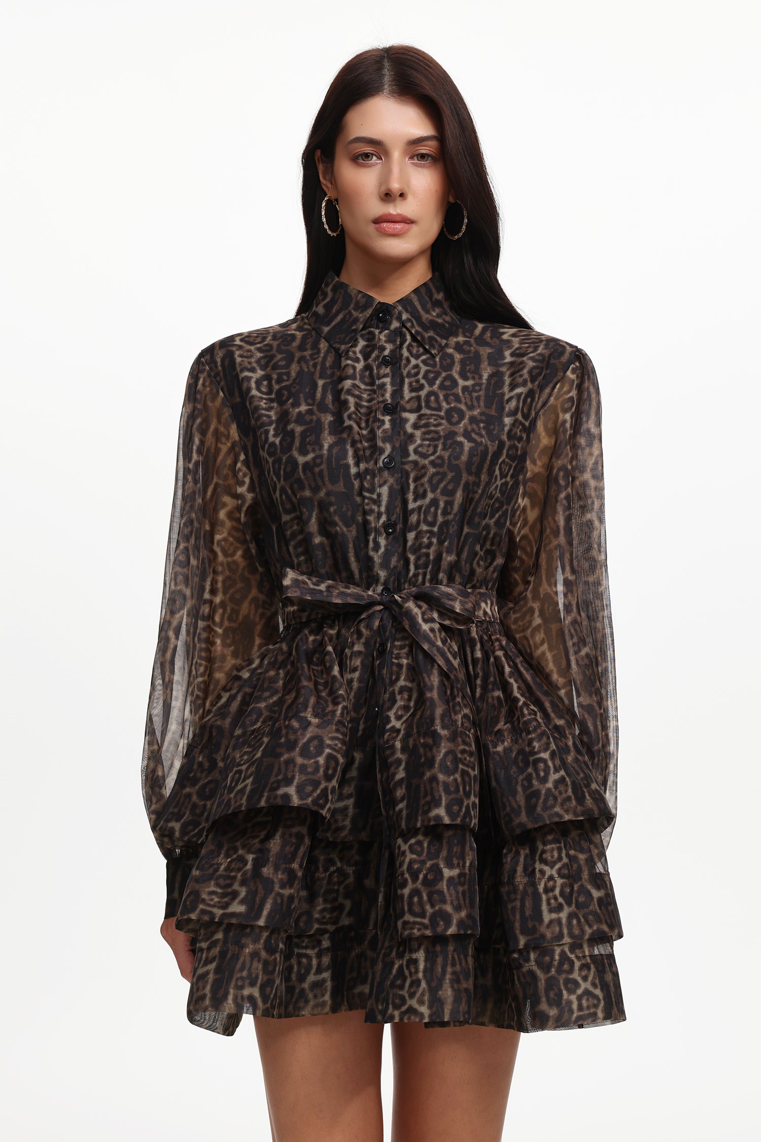 Dilara Resort Flowy Long Sleeve Leopard Printed Woven Mini Dress