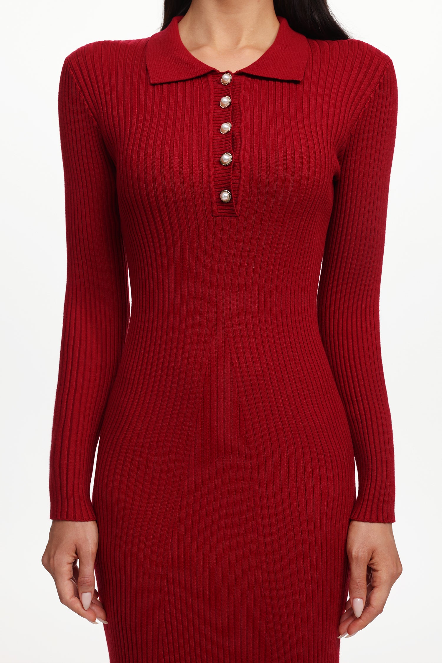 Morwenna Elegant Contour Long Sleeve Pearl Knit Maxi Dress