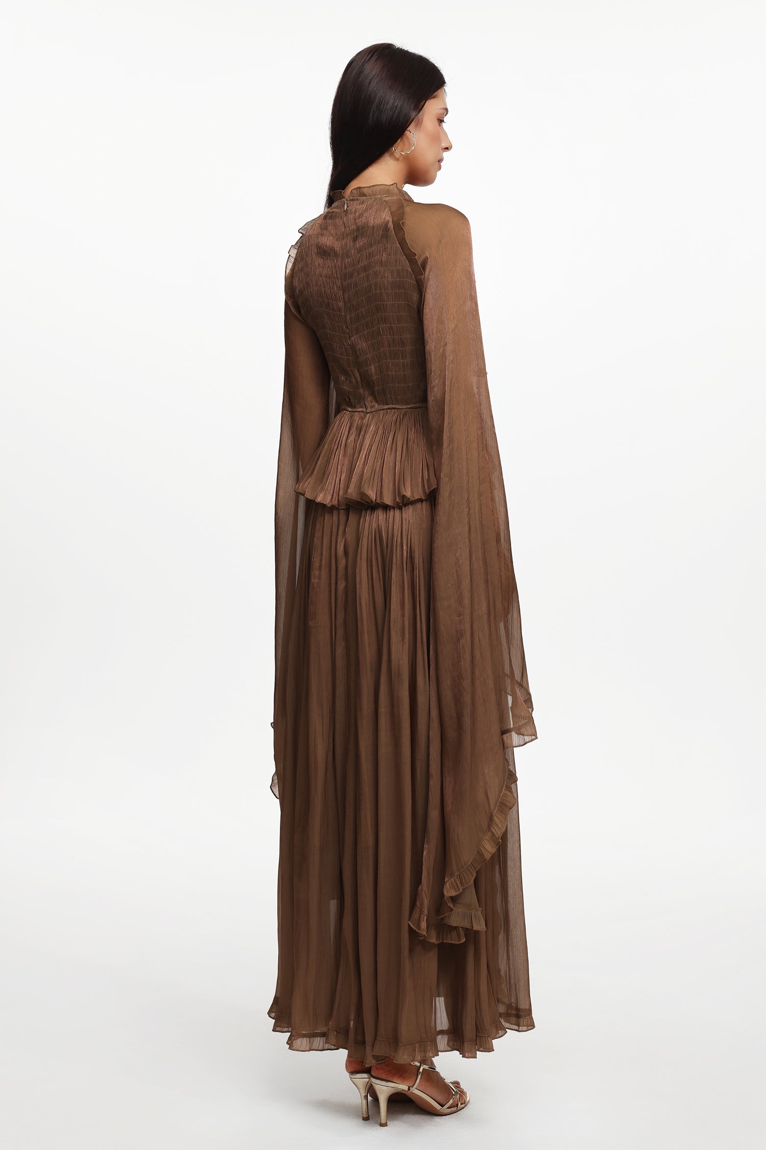 Ethel Resort Flowy Long Sleeve Ruffle Pleated Woven Maxi Dress