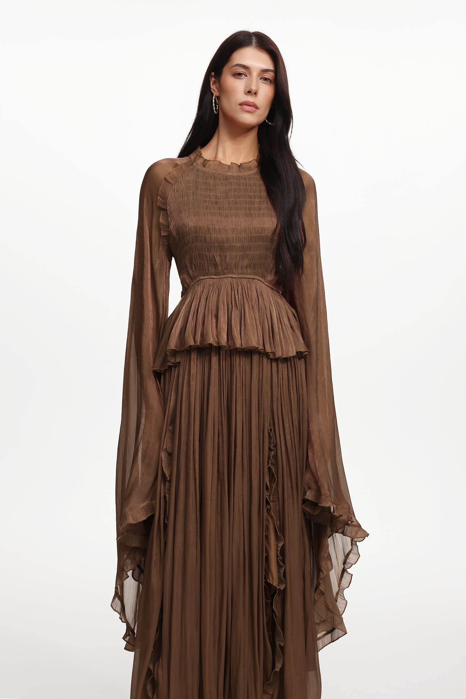 Ethel Resort Flowy Long Sleeve Ruffle Pleated Woven Maxi Dress
