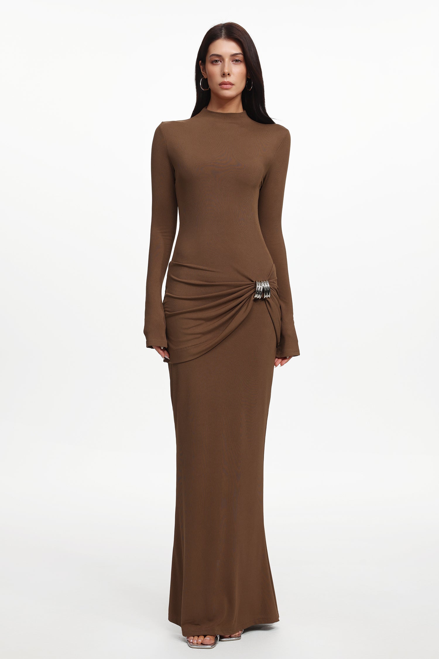 Pippa Elegant Contour Long Sleeve Ruched Knit Maxi Dress