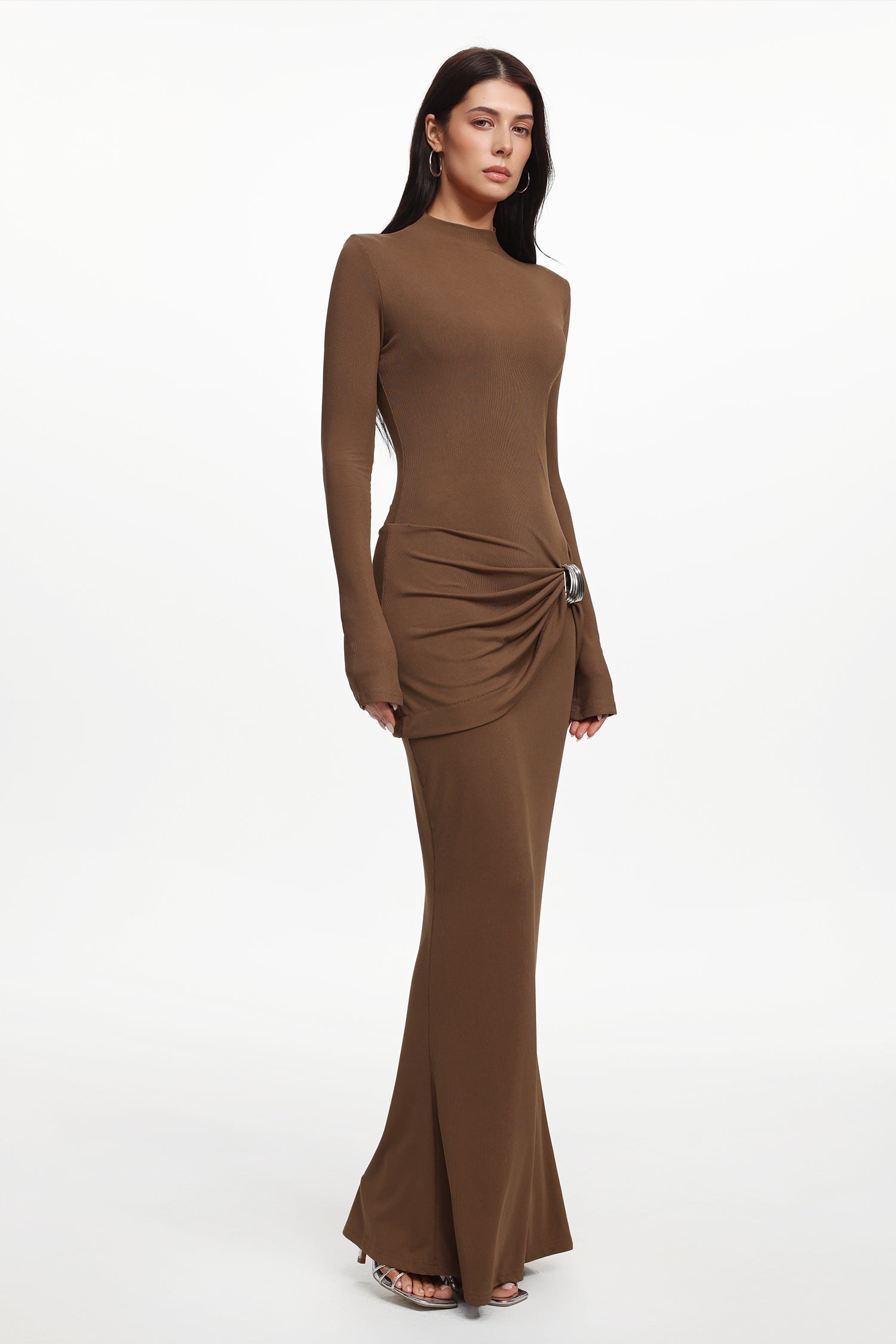 Pippa Elegant Contour Long Sleeve Ruched Knit Maxi Dress