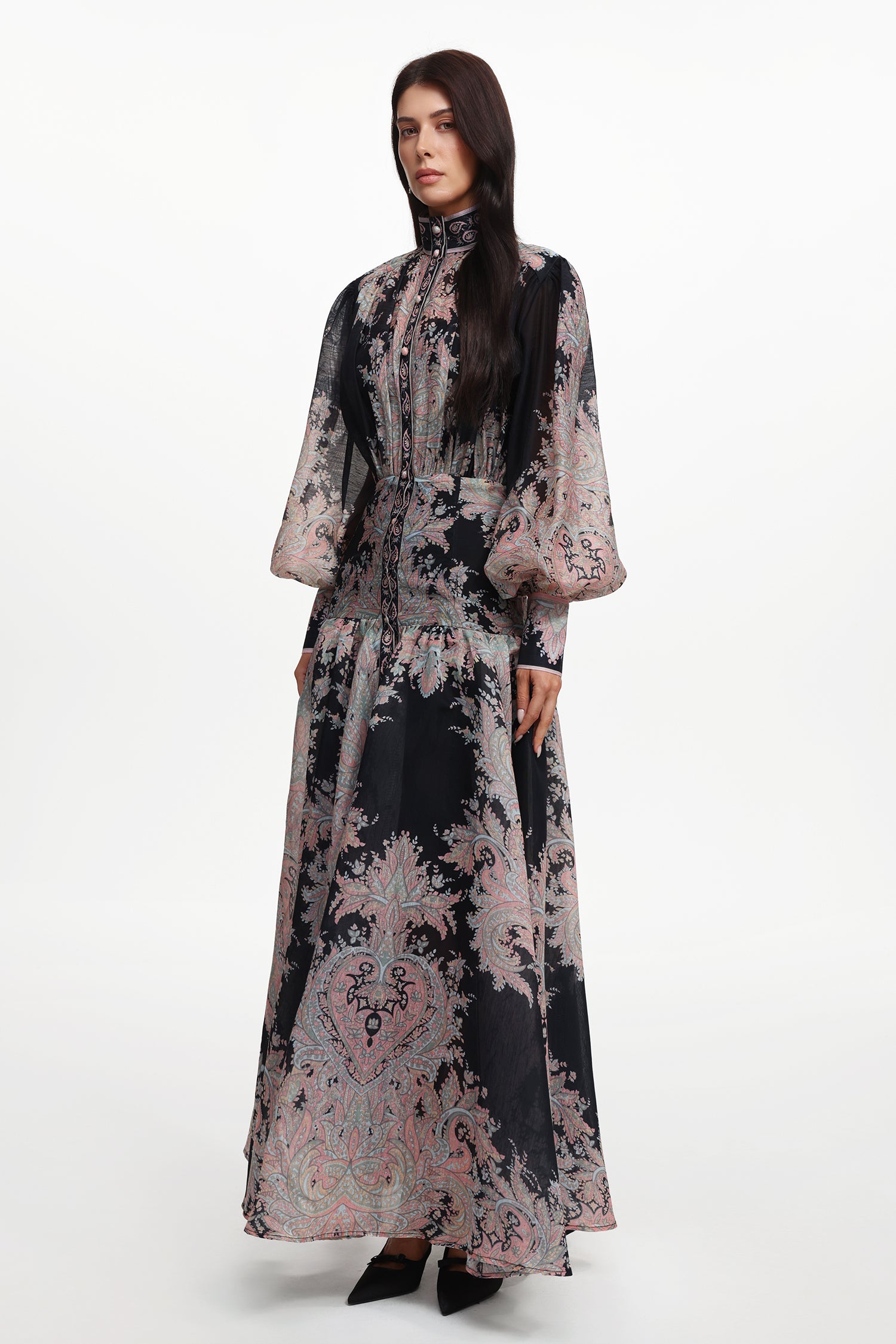 Sagona Resort Flowy Long Sleeve Floral Printed Woven Maxi Dress