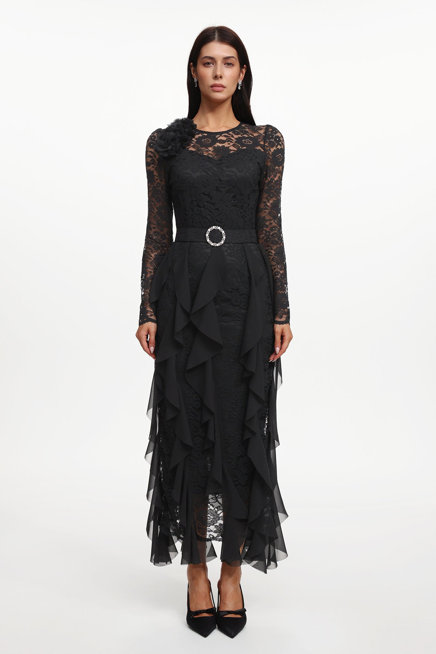 Eyola Elegant Flowy Long Sleeve Lace Ruffle Woven Maxi Dress