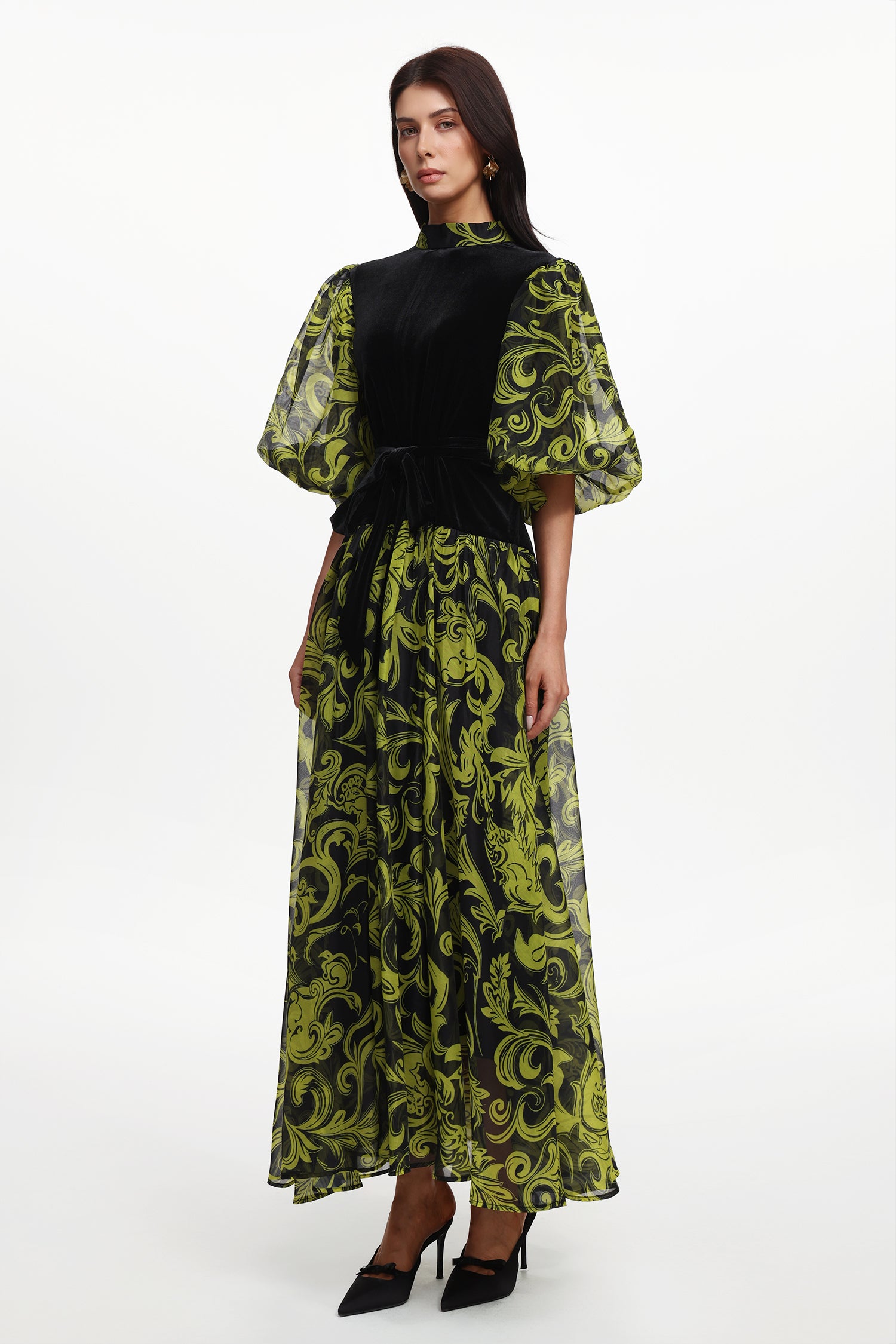 Secyij Resort Flowy Puff Sleeve Printed Woven Maxi Dress