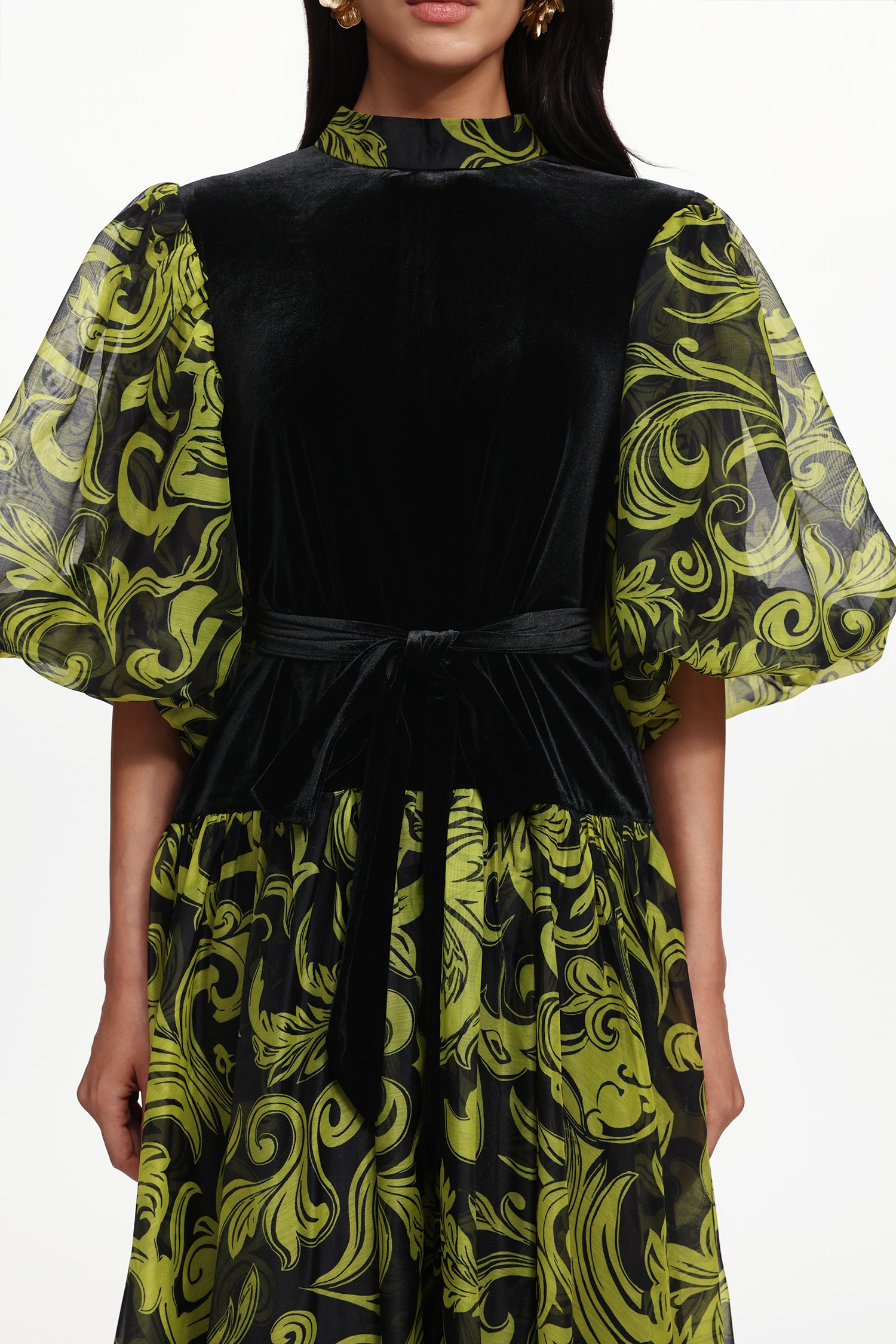 Secyij Resort Flowy Puff Sleeve Printed Woven Maxi Dress