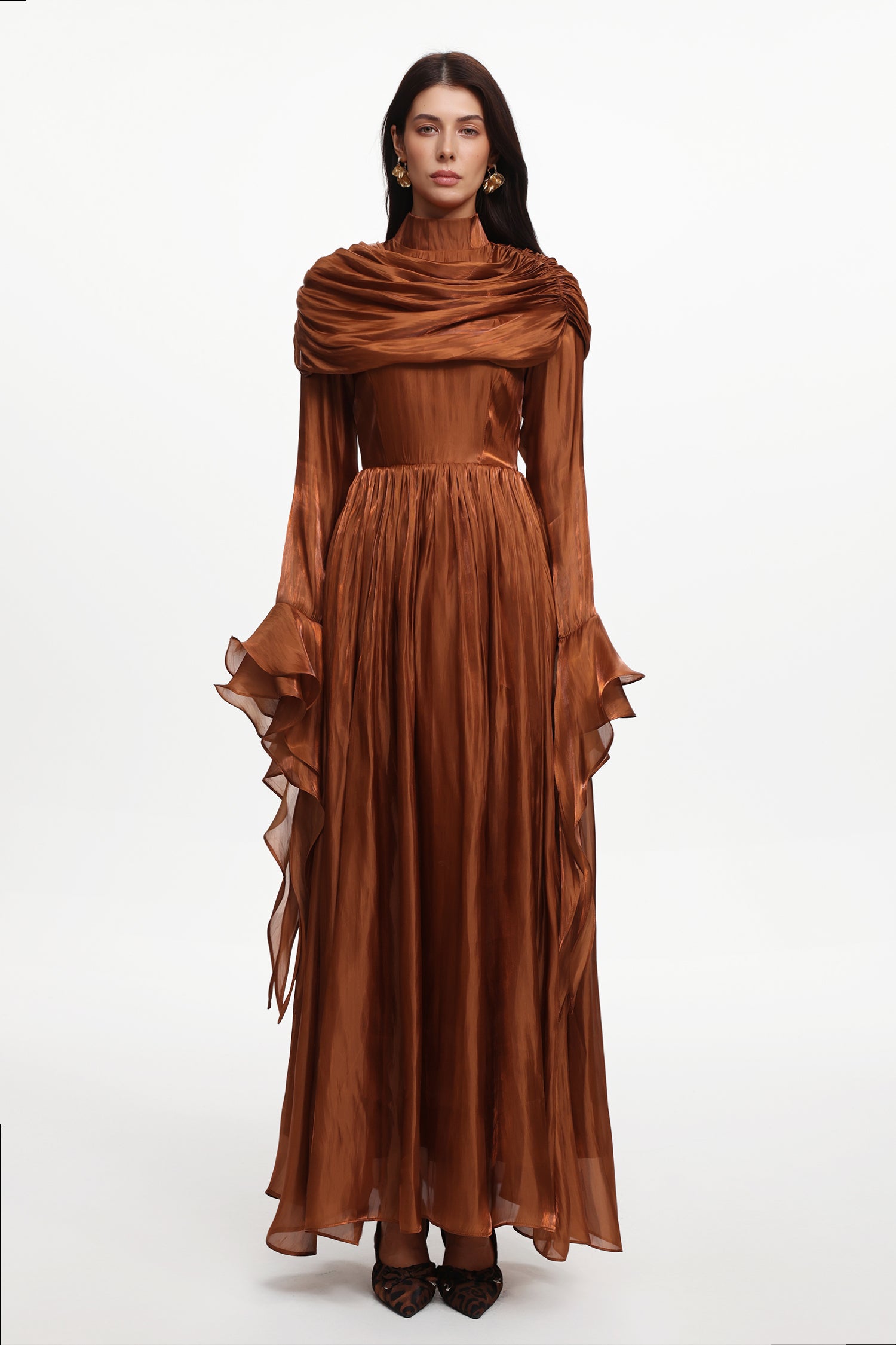 Ilsa Resort Flowy Long Sleeve Ruffle Ruched Satin Brown Maxi Dress