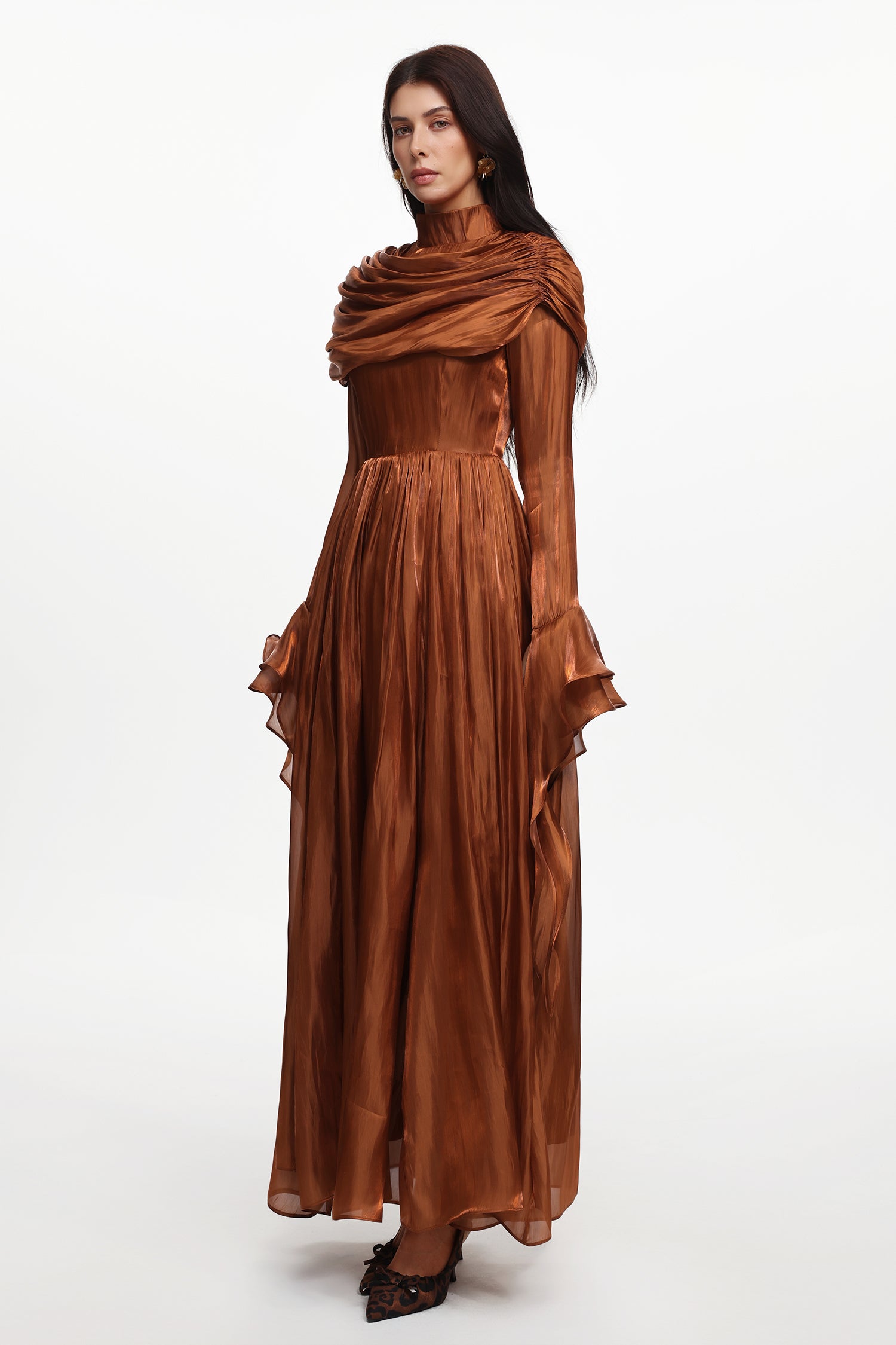 Ilsa Resort Flowy Long Sleeve Ruffle Ruched Satin Brown Maxi Dress