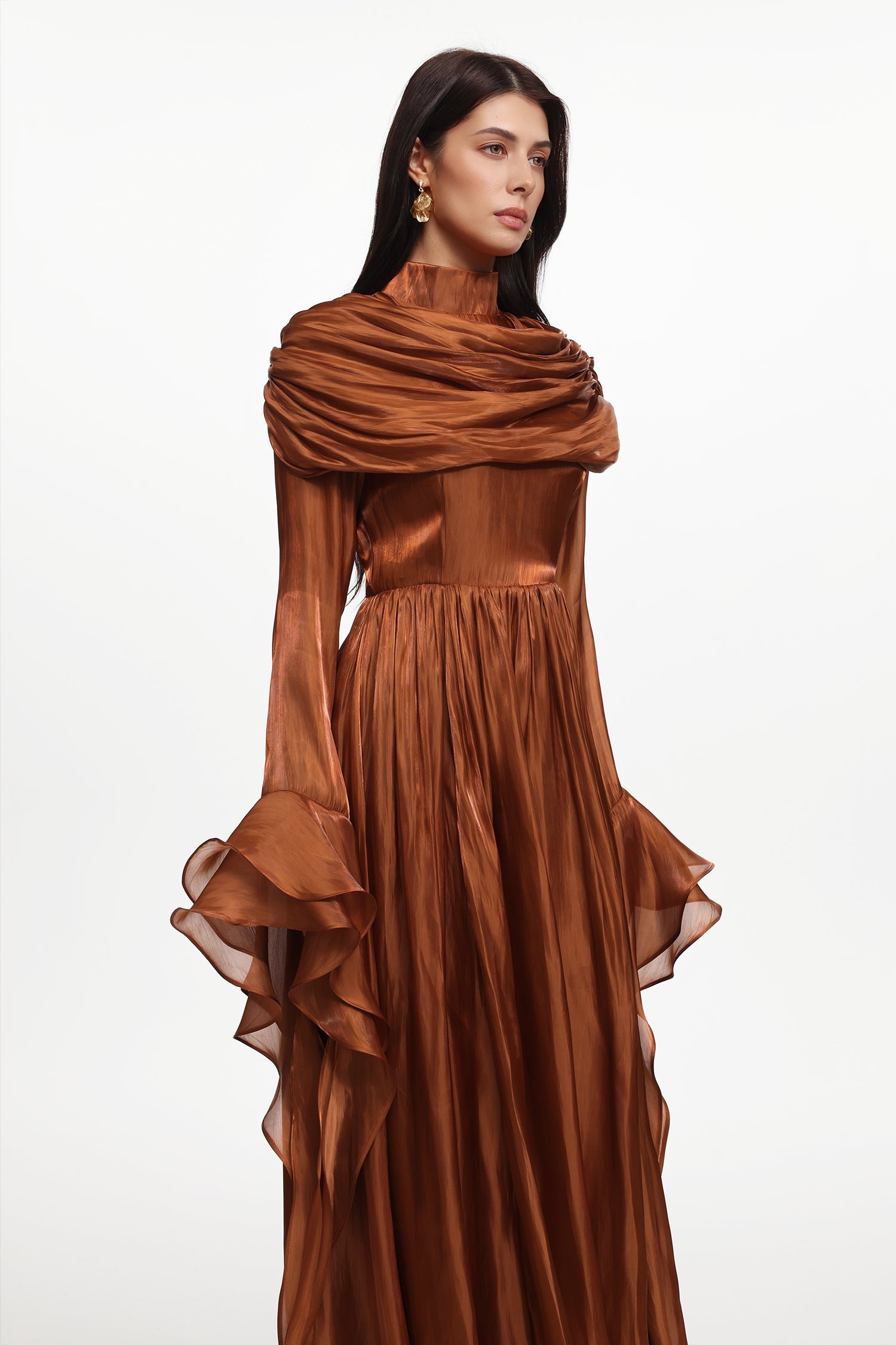 Ilsa Resort Flowy Long Sleeve Ruffle Ruched Satin Brown Maxi Dress