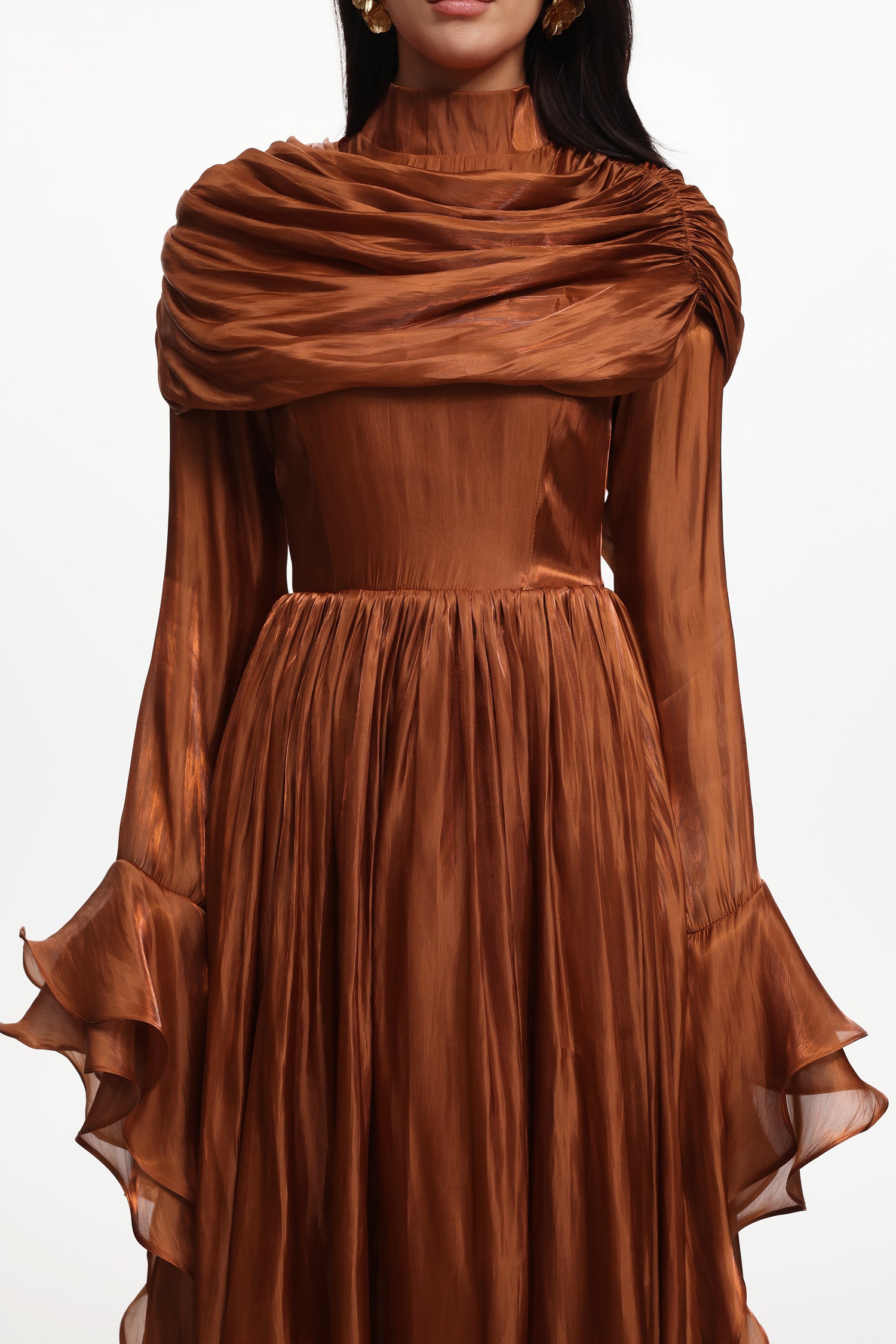 Ilsa Resort Flowy Long Sleeve Ruffle Ruched Satin Brown Maxi Dress