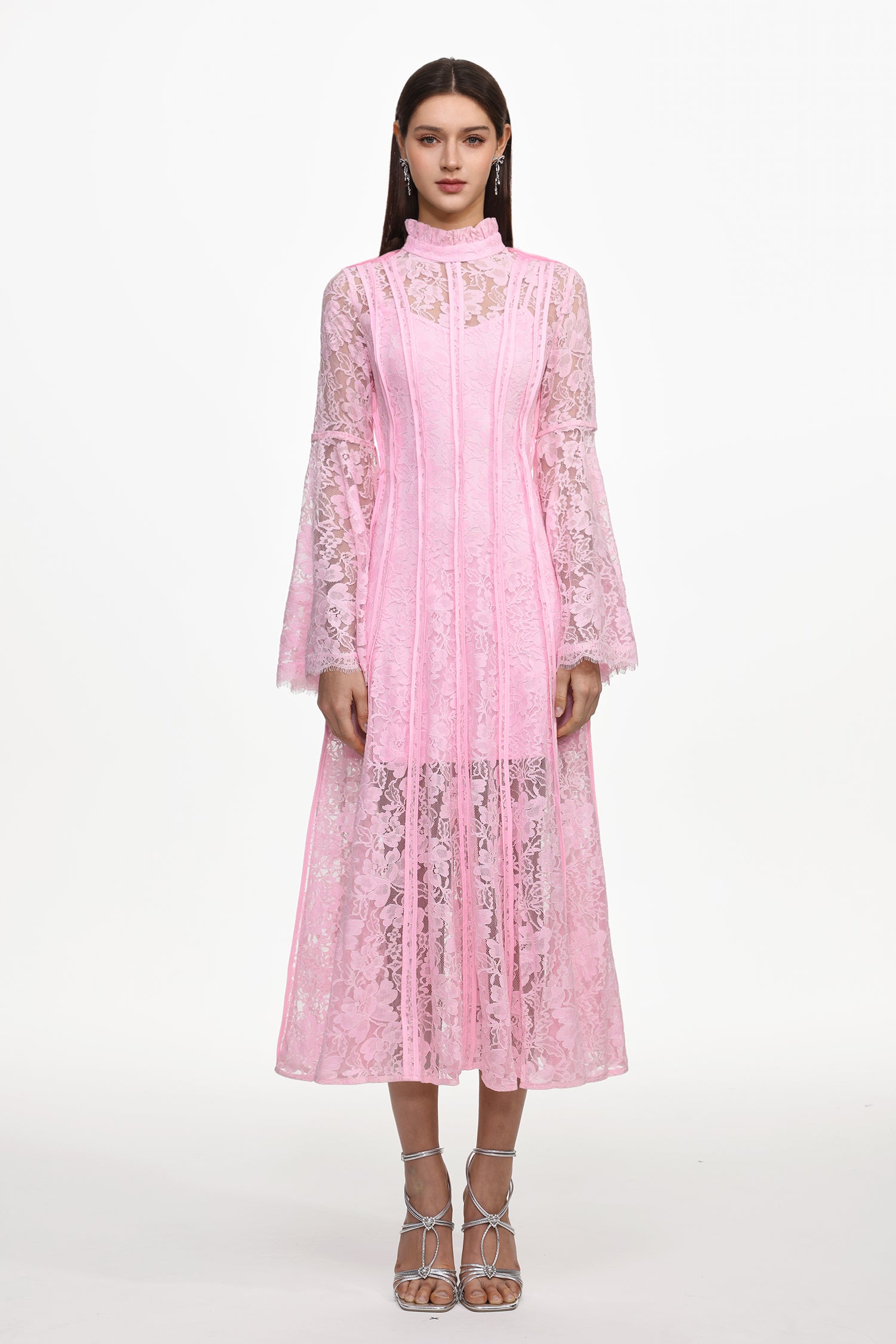 Karsten Resort Flowy Round Neck Long Sleeve Lace Maxi Dress