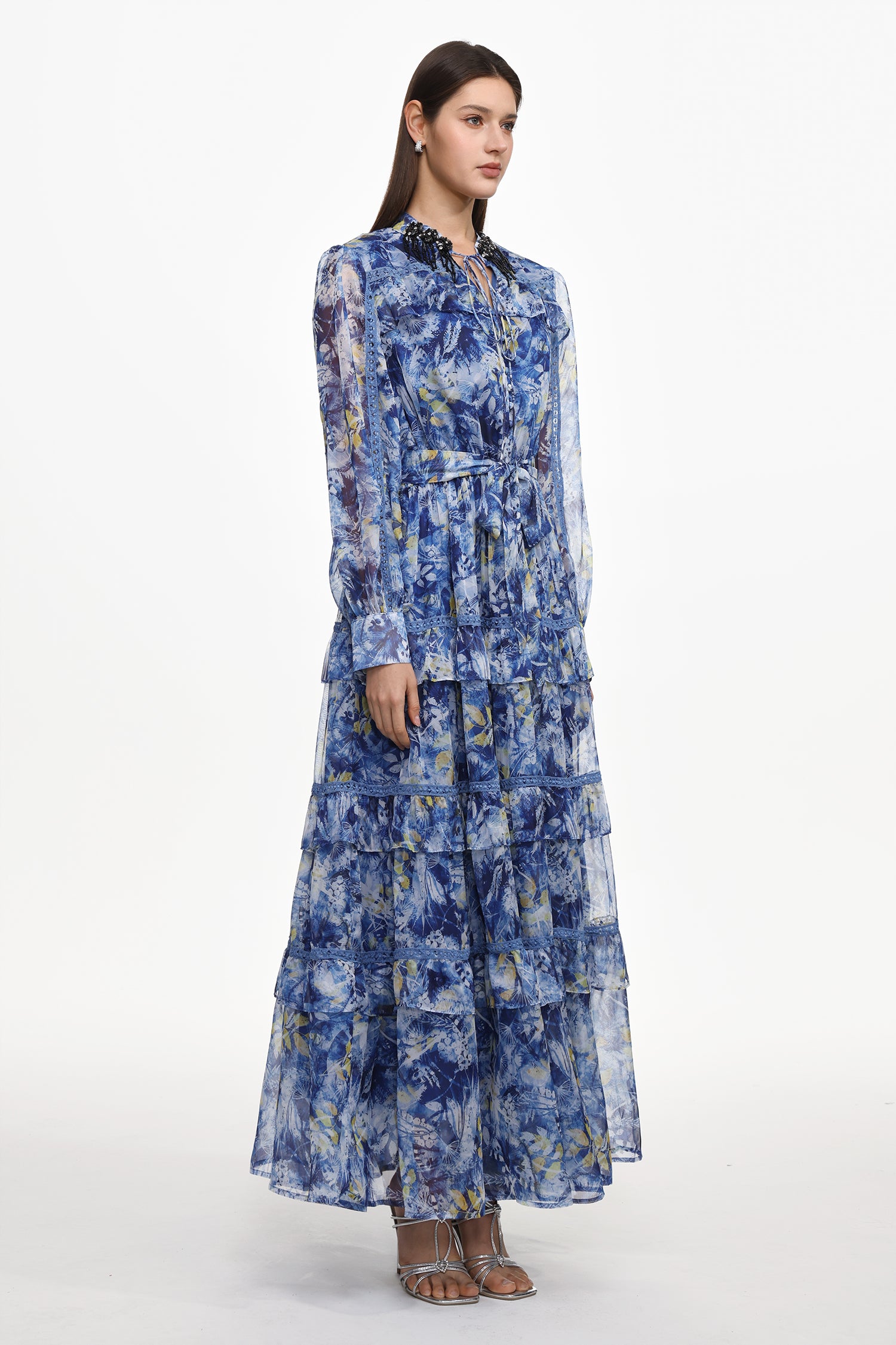 Ella Resort Flowy Long Sleeve Ruffle Floral Print Maxi Dress	