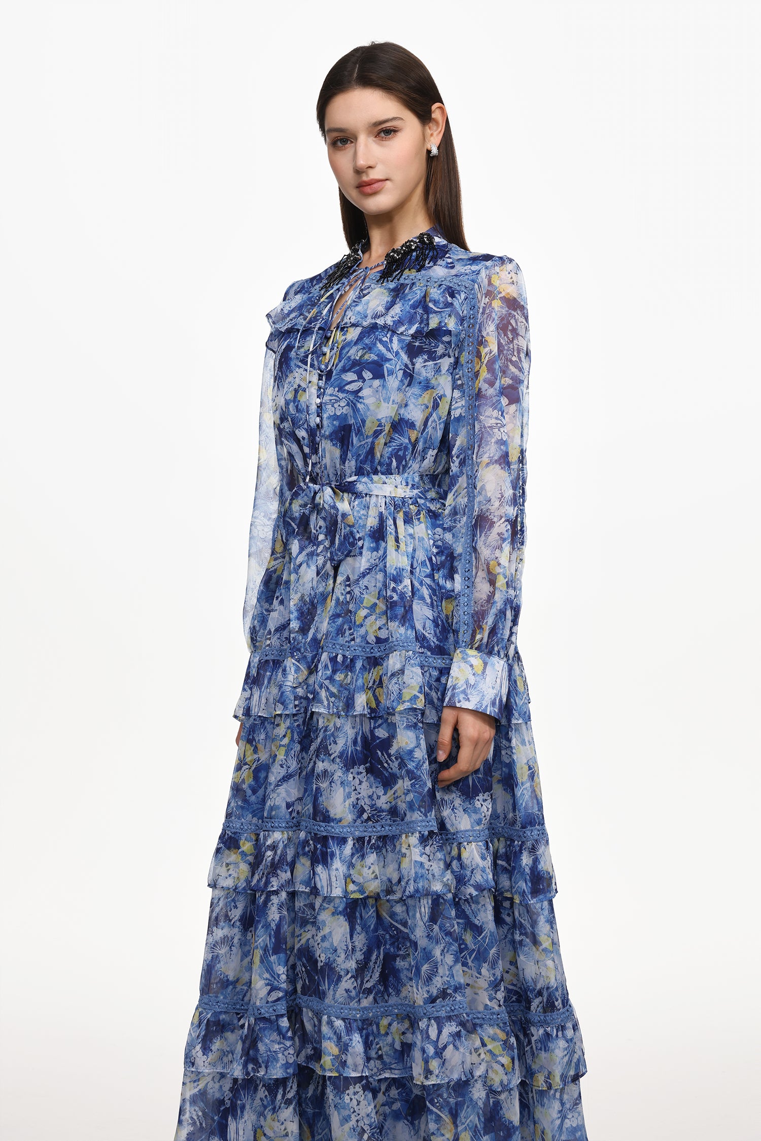 Ella Resort Flowy Long Sleeve Ruffle Floral Print Maxi Dress	