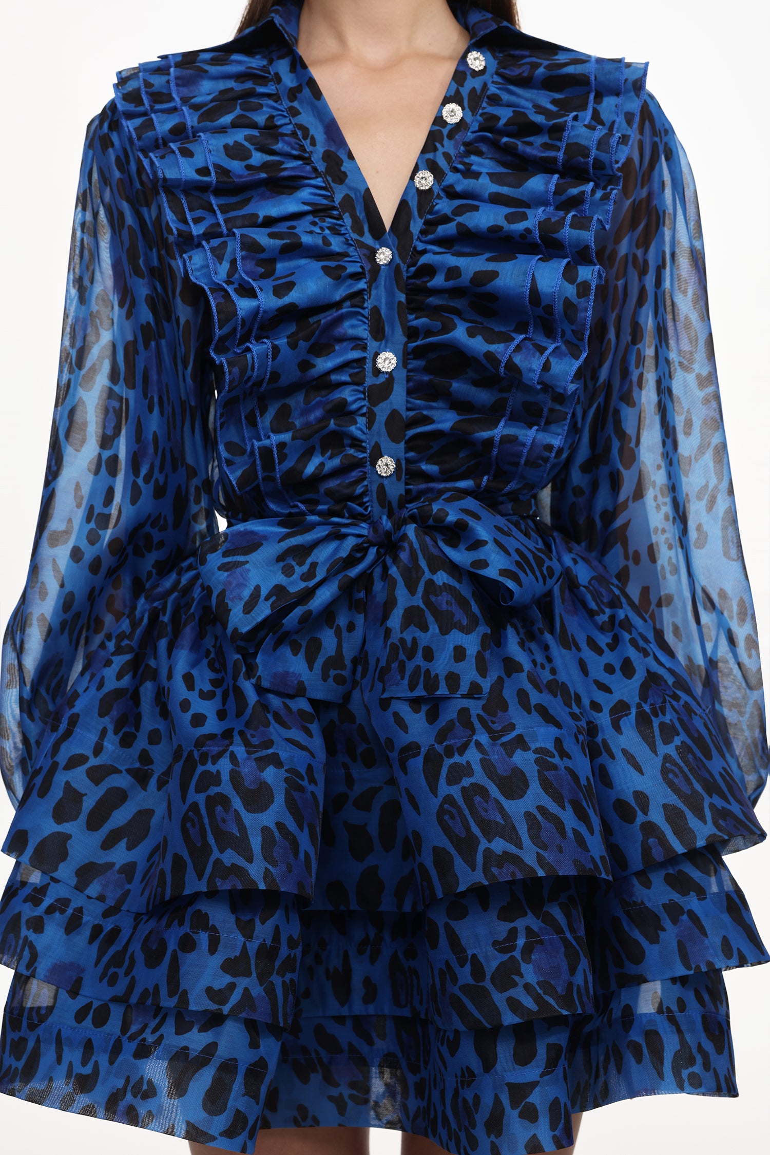 Sekani Resort Flowy Long Sleeve Ruffle Leopard Print Woven Mini Dress	