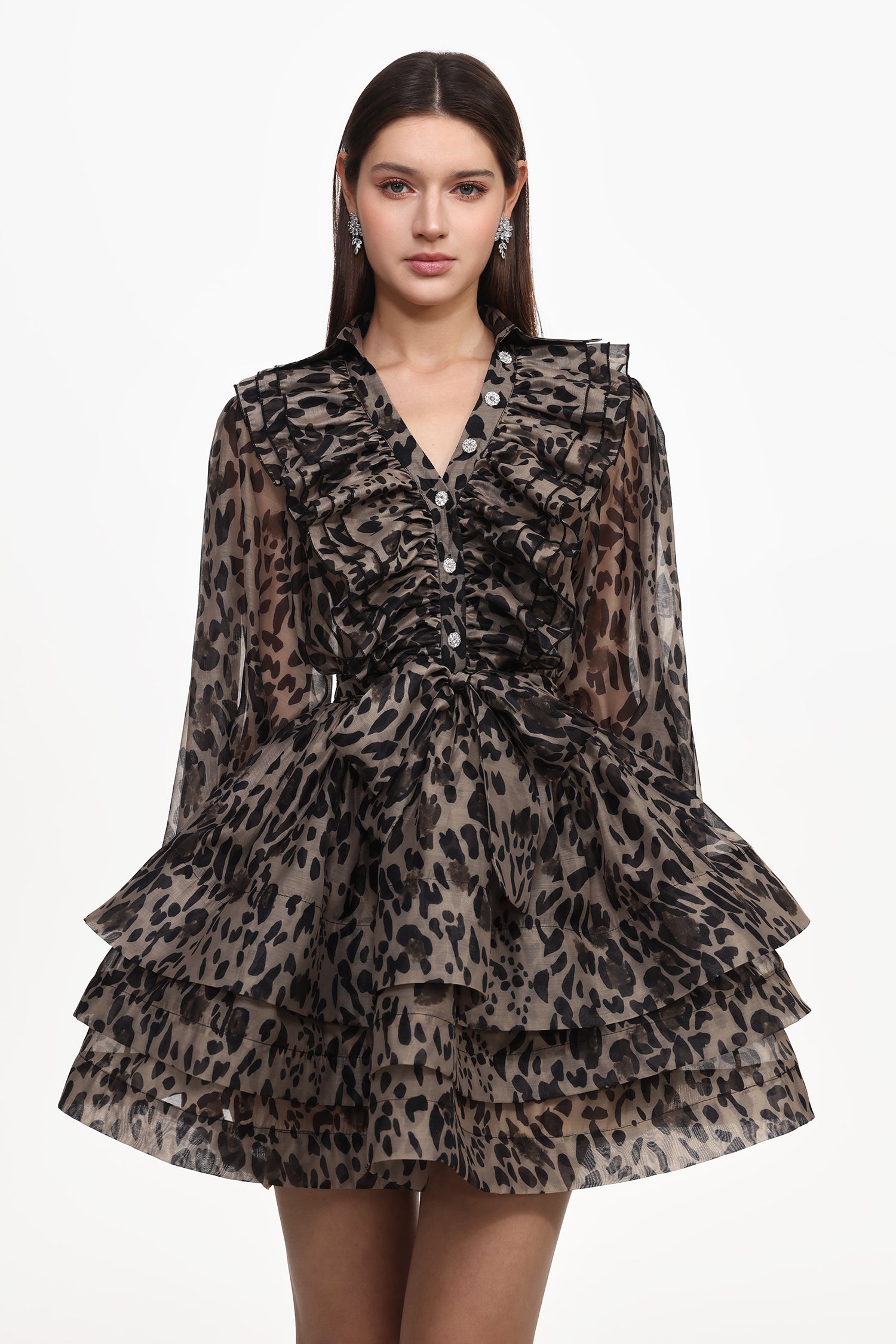 Sekani Resort Flowy Long Sleeve Ruffle Leopard Print Woven Mini Dress