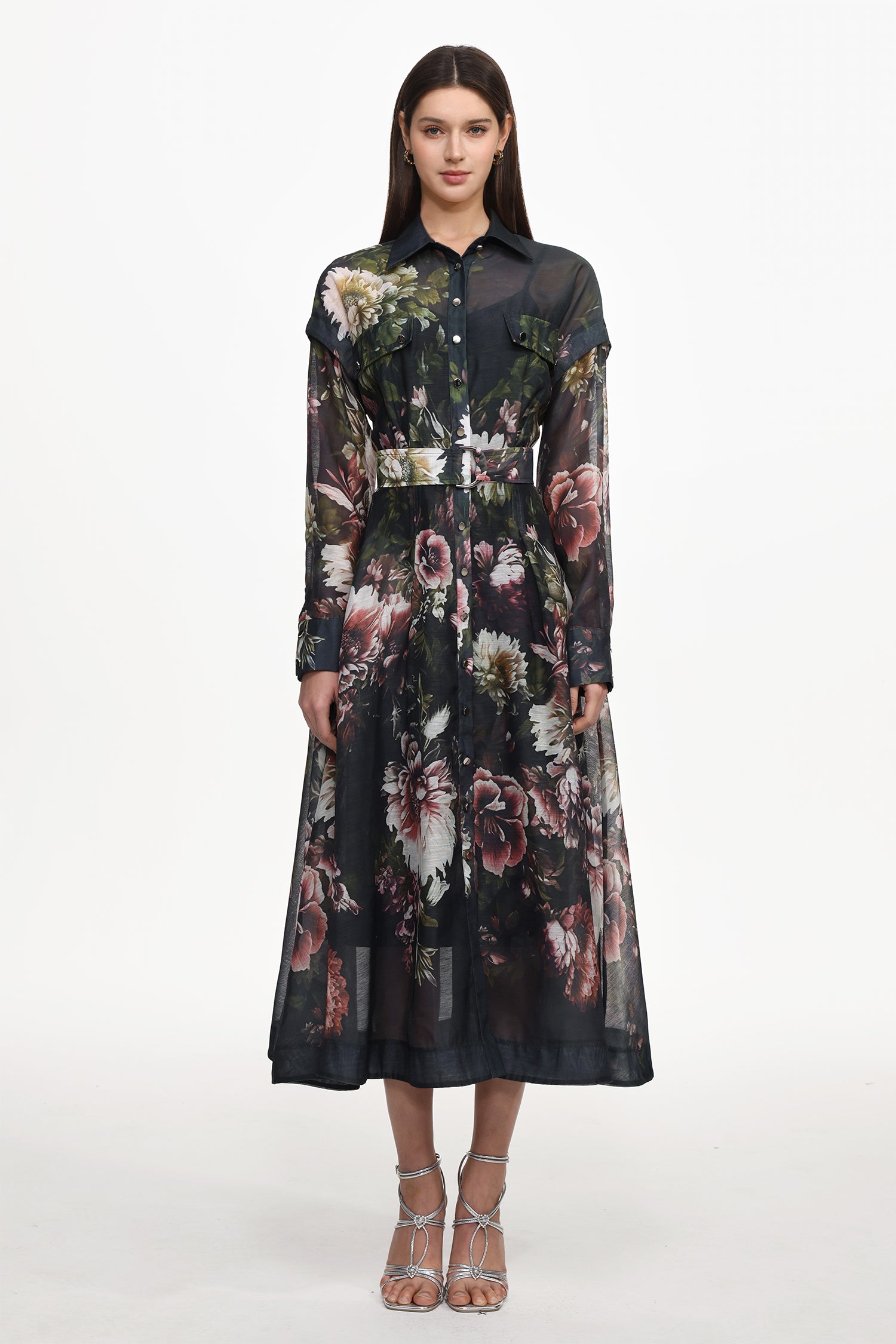 Frida Elegant Flowy Long Sleeve Floral Print Woven Black Maxi Dress