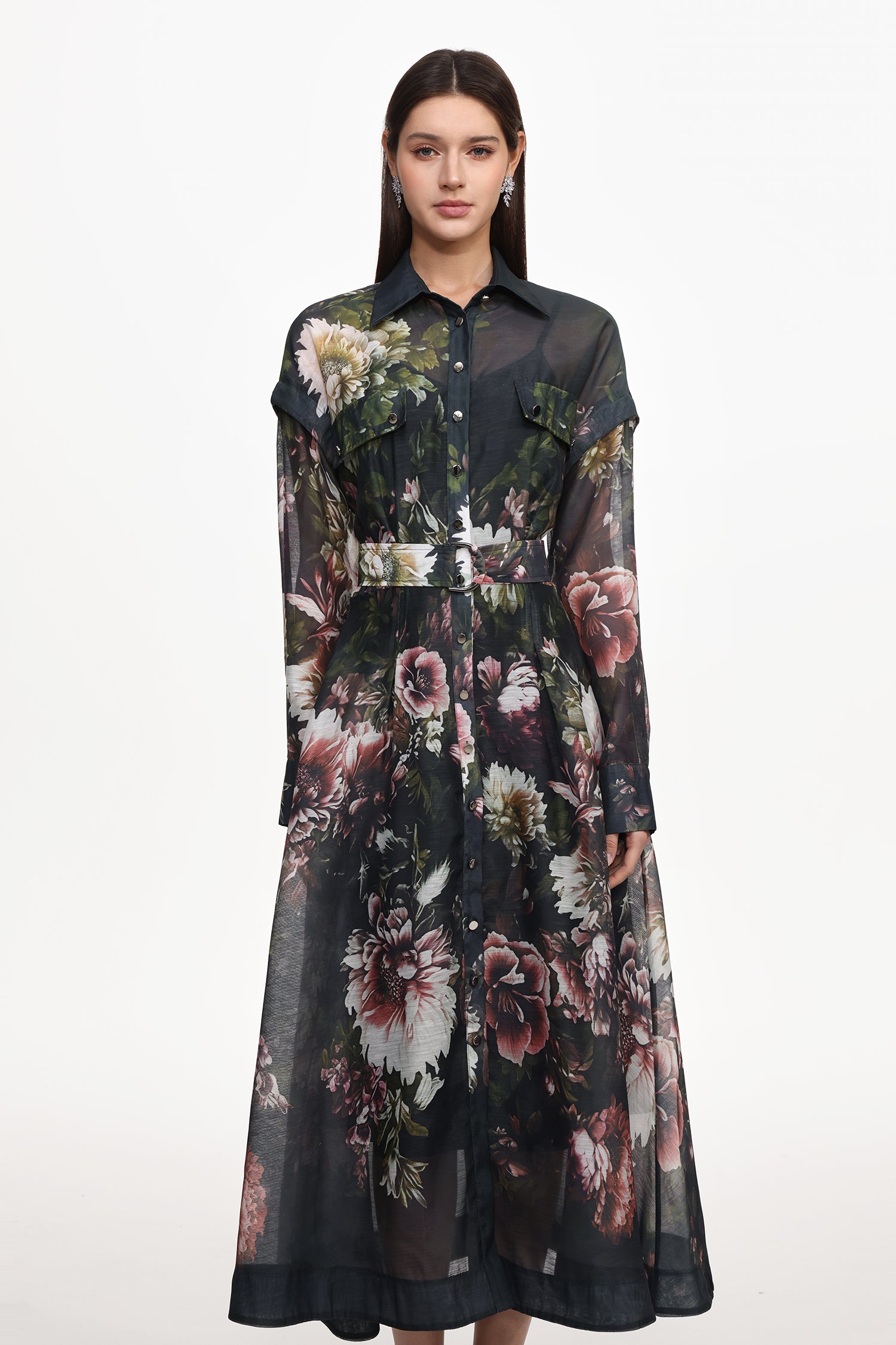 Frida Elegant Flowy Long Sleeve Floral Print Woven Black Maxi Dress