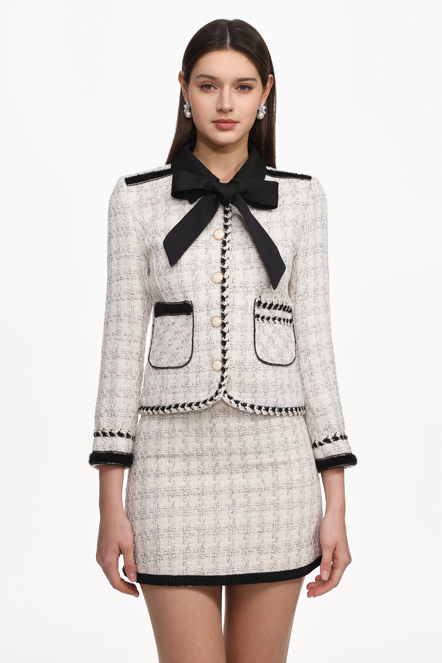 Zambezi Classic Tailored Long Sleeve Bow Tweed Top And Skirt Set	