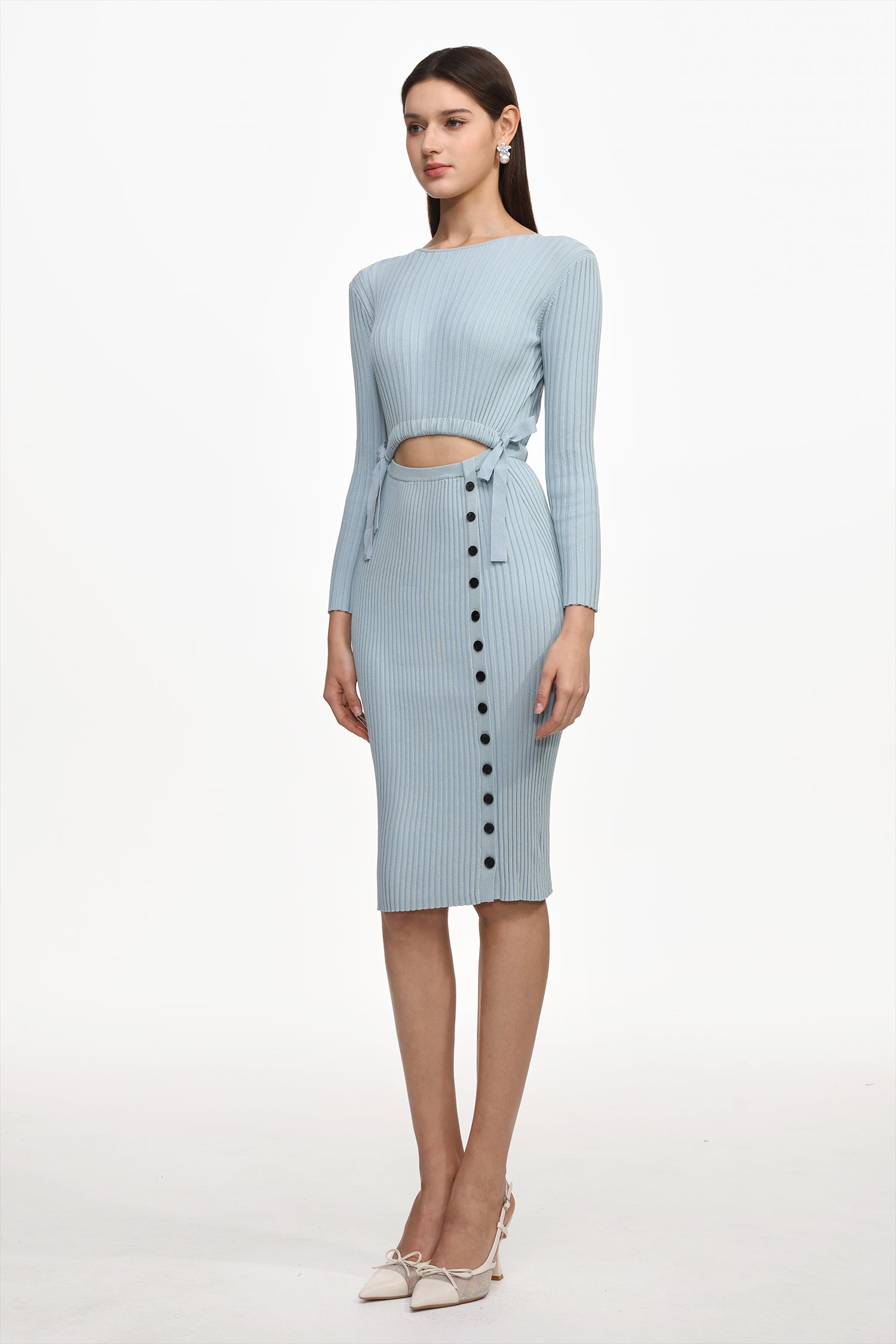 Viomo Chic Contour Round Neck Long Sleeve Buttoned Knit Midi Dress	