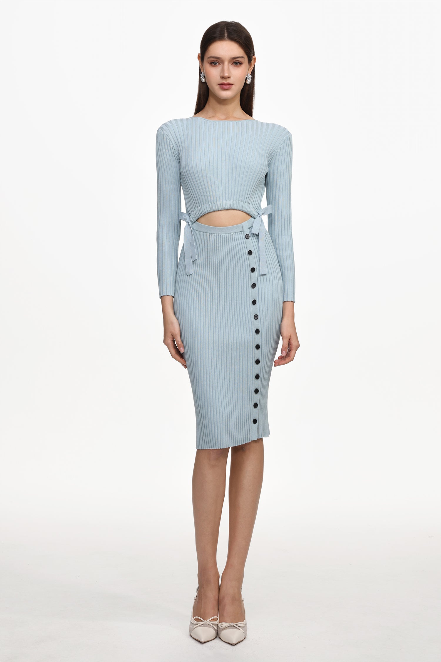 Viomo Chic Contour Round Neck Long Sleeve Buttoned Knit Midi Dress	