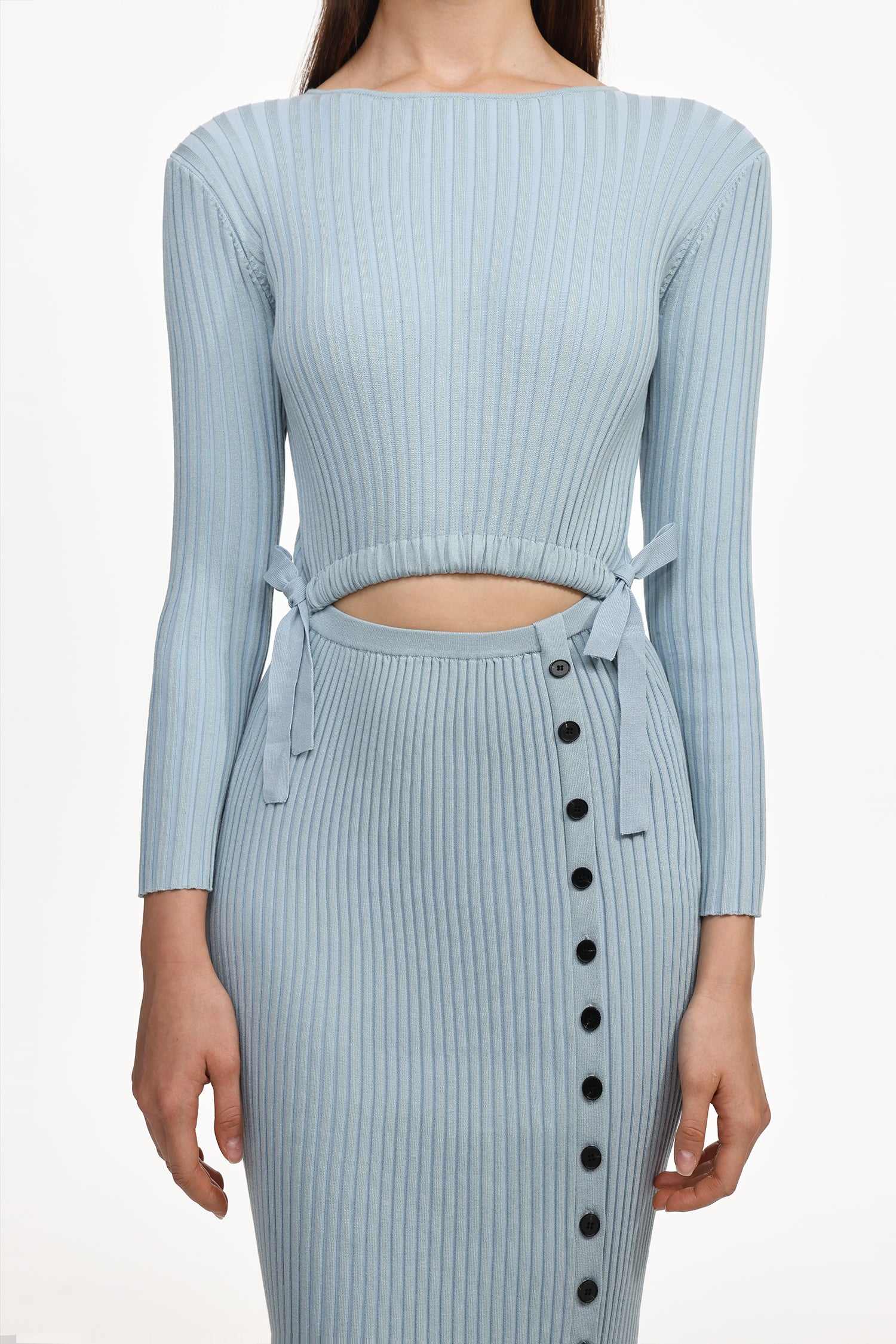 Viomo Chic Contour Round Neck Long Sleeve Buttoned Knit Midi Dress	