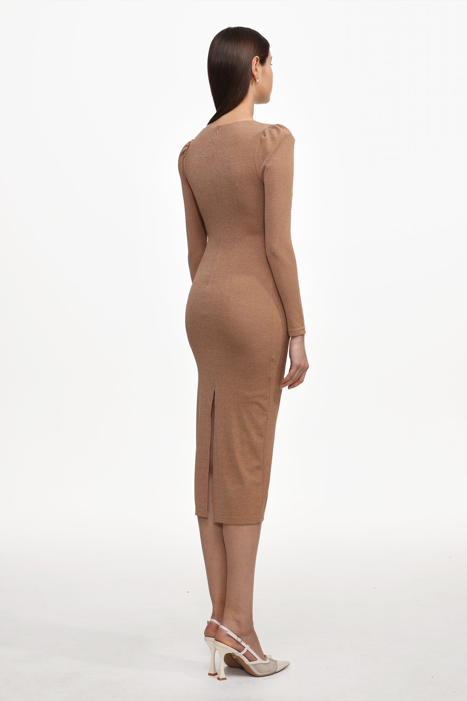 Ikala Elegant Contour Long Sleeve Ruched Contrast Knit Midi Dress