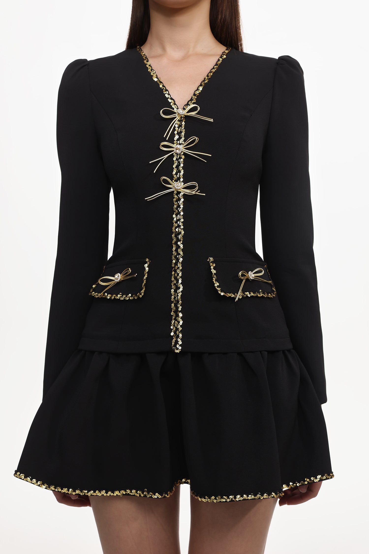 Winnie Chic Tailored V Neck Long Sleeve Gold-Trimmed Bow Ruffle Woven Mini Dress