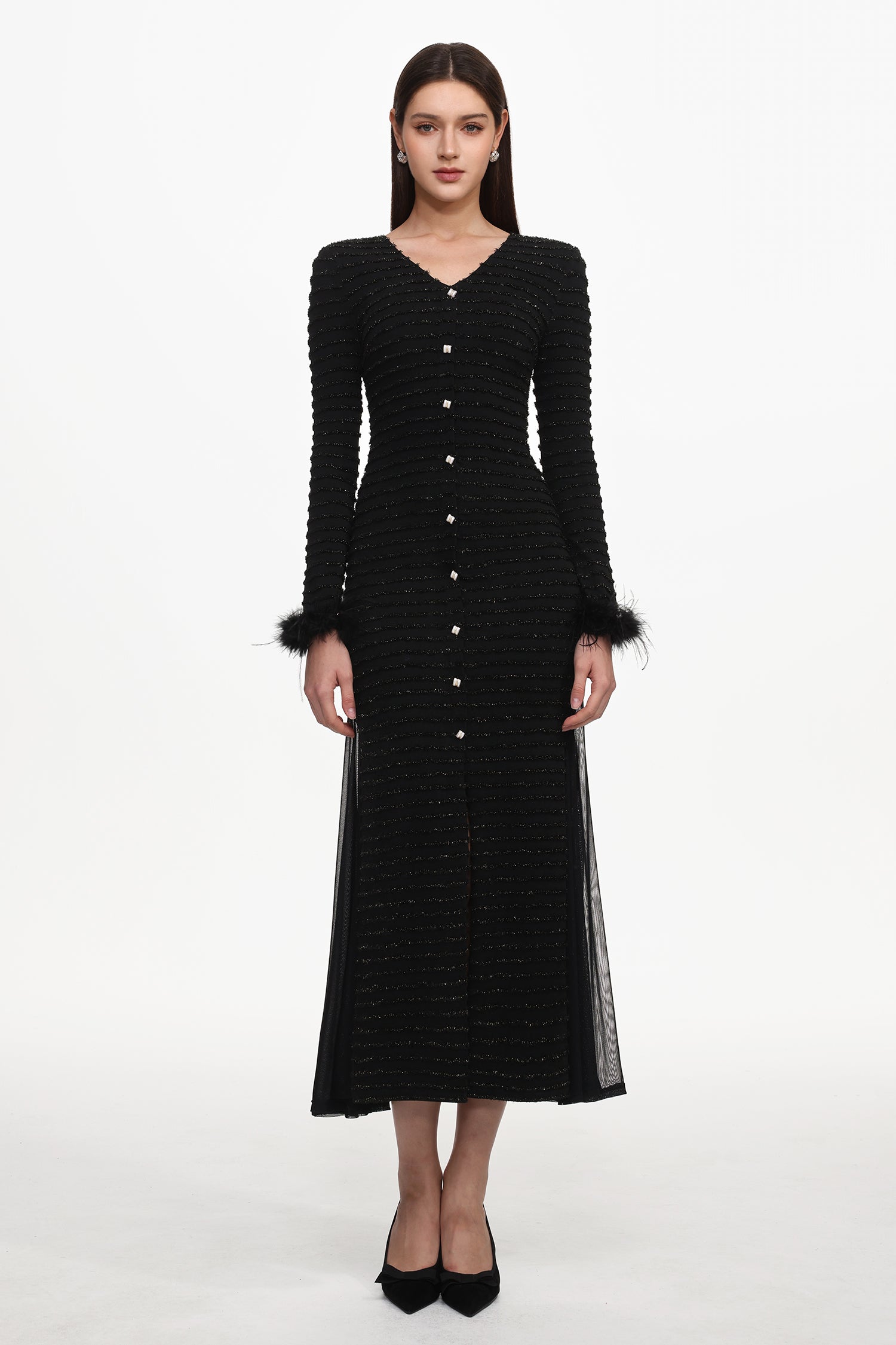 Paul Elegant Contour V Neck Long Sleeve Fluffy Slit Mesh Knit Maxi Dress