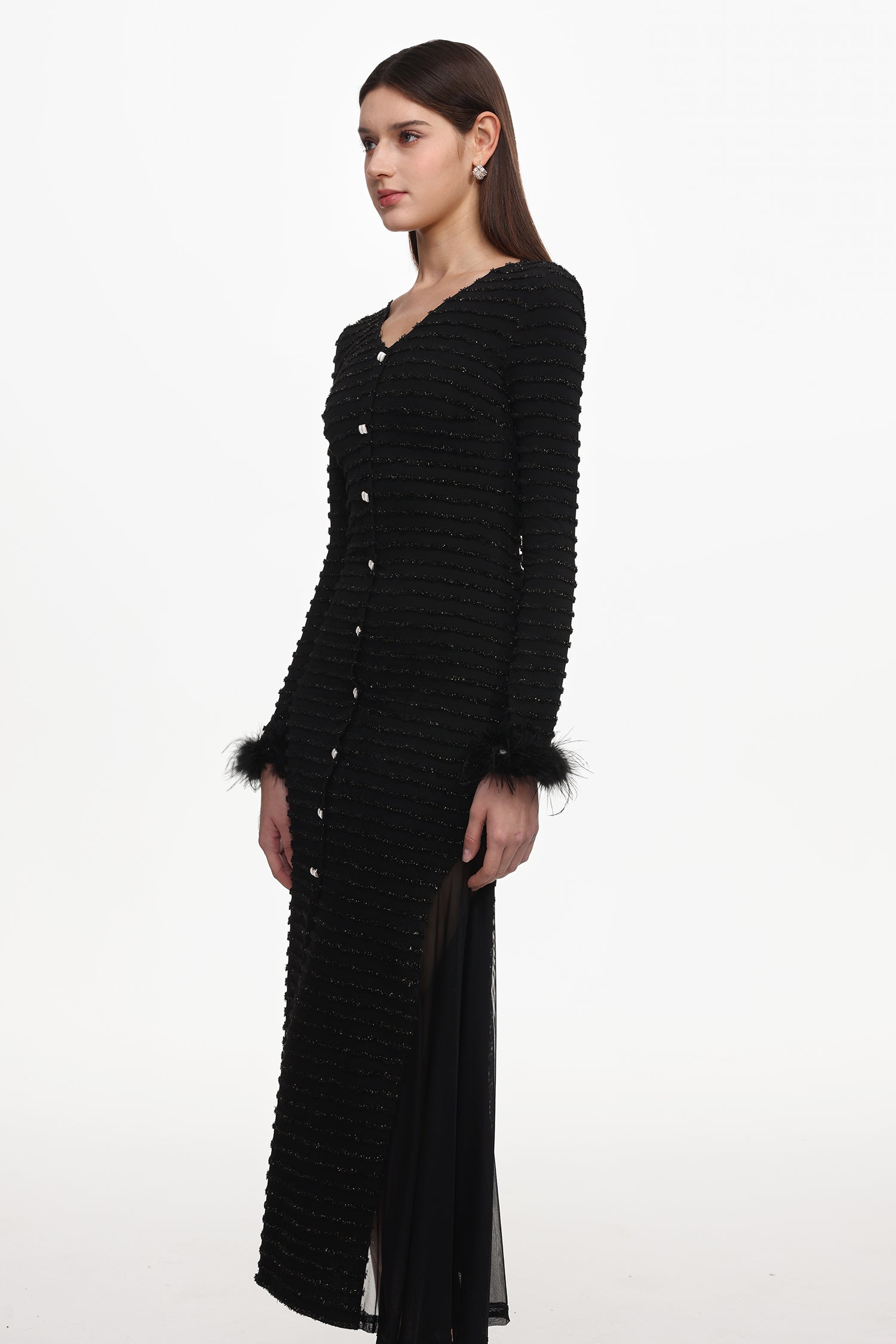 Paul Elegant Contour V Neck Long Sleeve Fluffy Slit Mesh Knit Maxi Dress