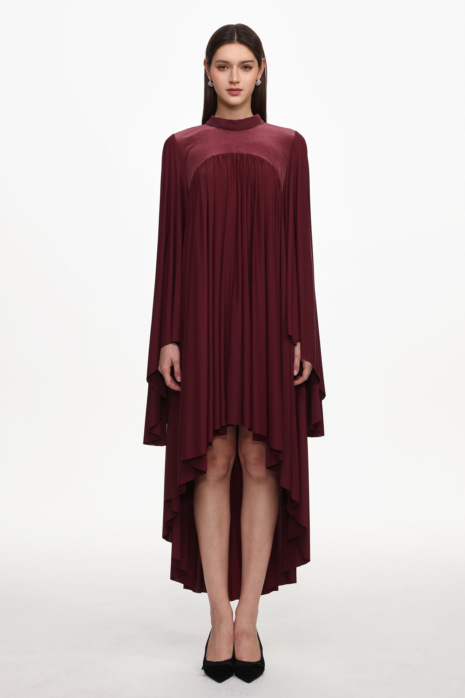 Suly Resort Flowy Long Sleeve Pleated Woven Red Maxi Dress