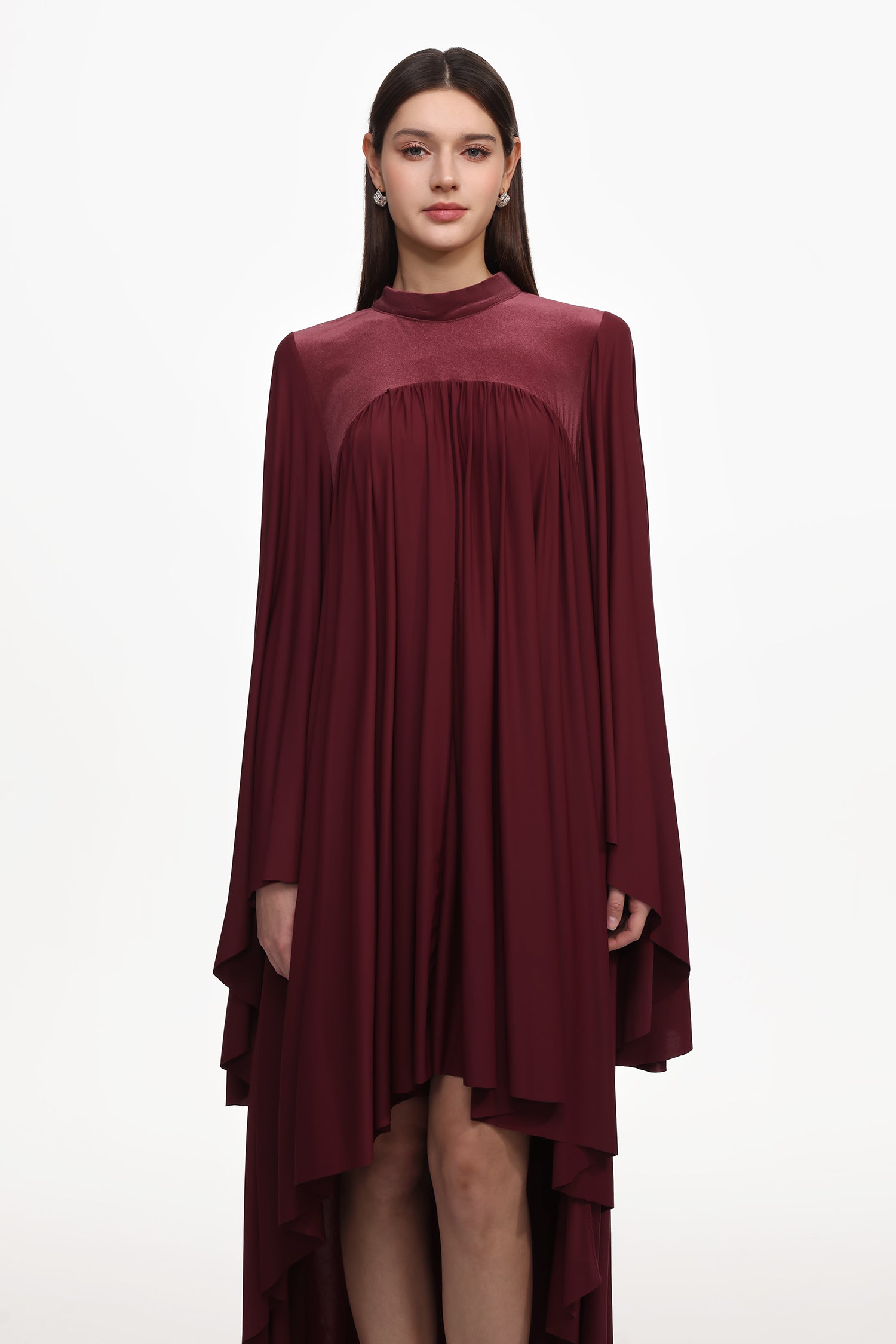 Suly Resort Flowy Long Sleeve Pleated Woven Red Maxi Dress