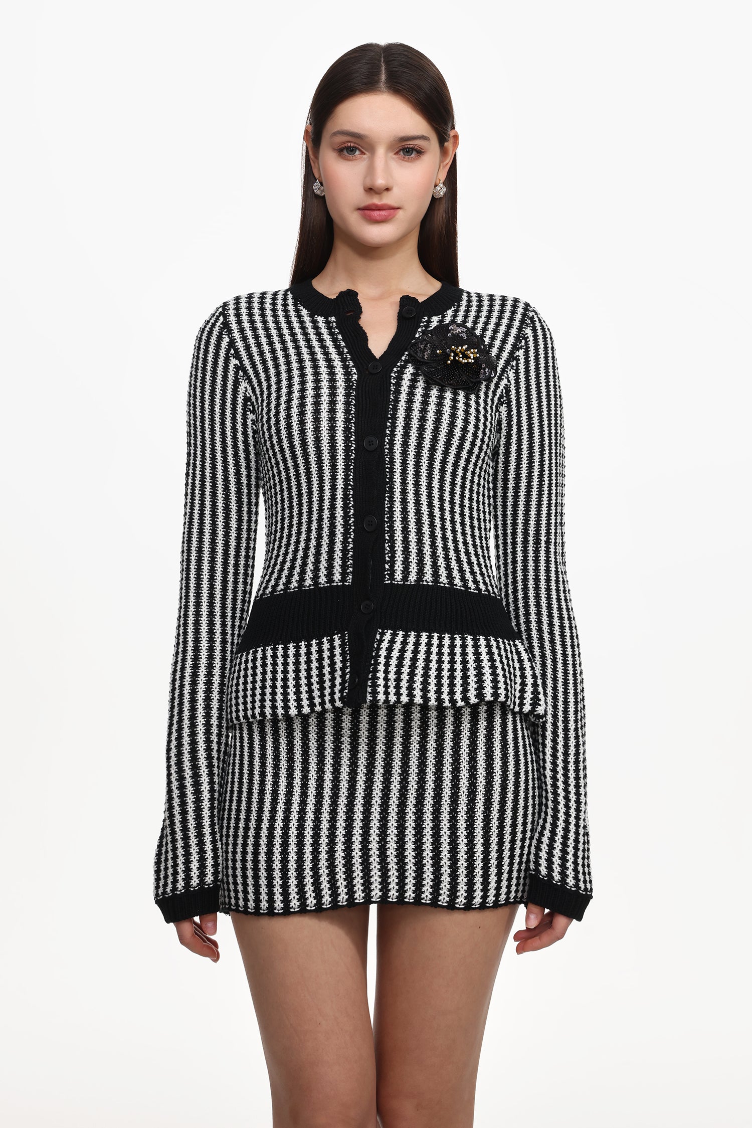 Nikola Classic Contour Long Sleeve Stripe Knit Top And Skirt Set