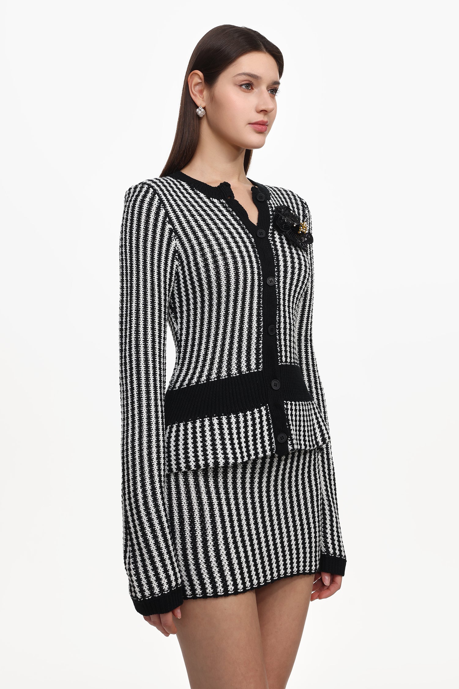 Nikola Classic Contour Long Sleeve Stripe Knit Top And Skirt Set