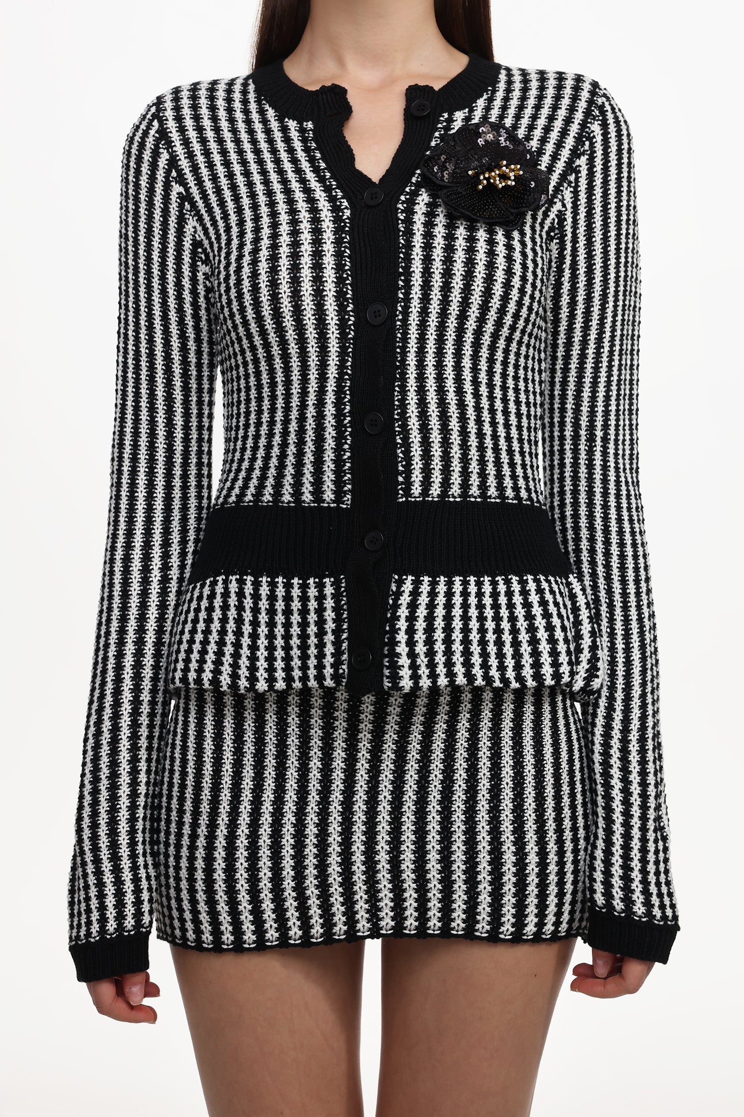 Nikola Classic Contour Long Sleeve Stripe Knit Top And Skirt Set