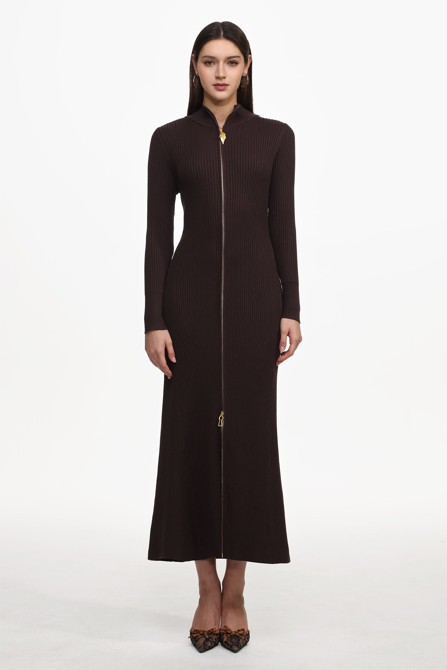 Evvie Chic Contour Long Sleeve Front Zip Knit Maxi Dress