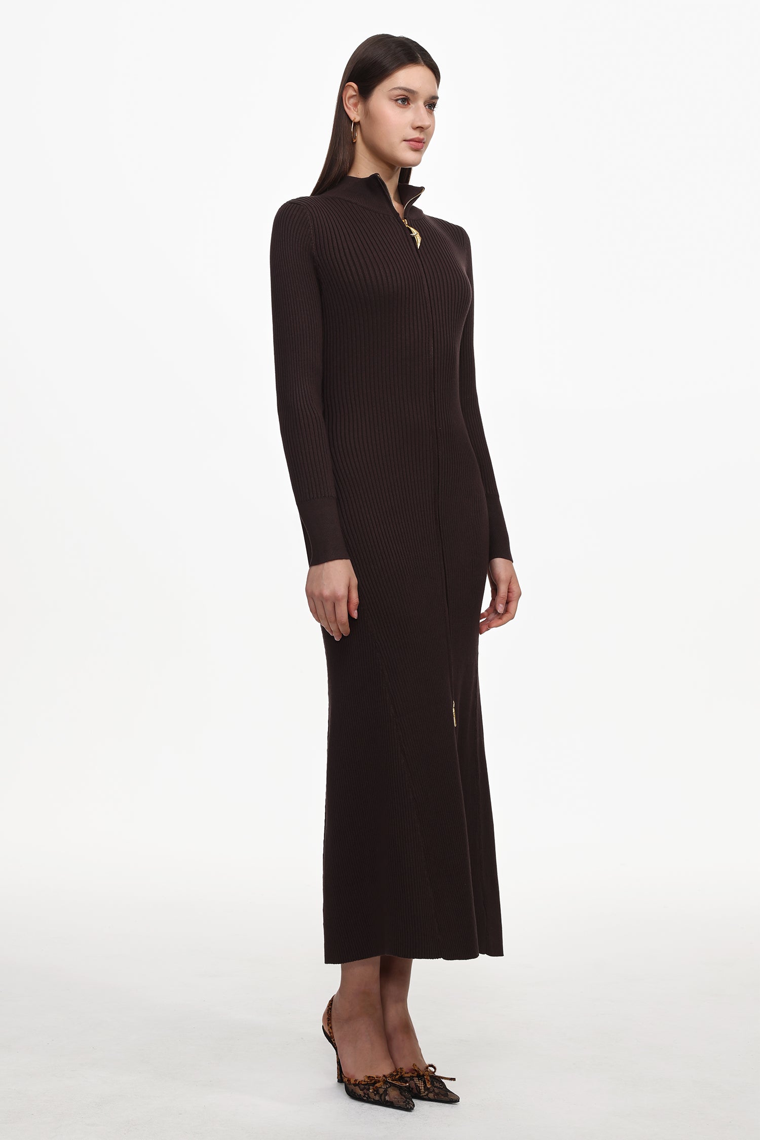 Evvie Chic Contour Long Sleeve Front Zip Knit Maxi Dress