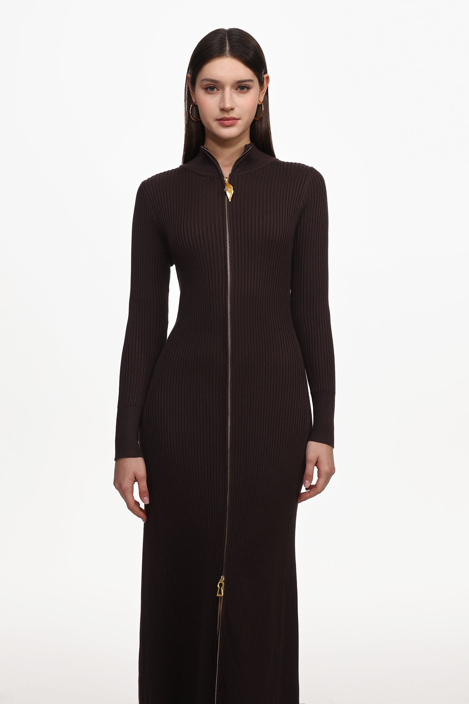 Evvie Chic Contour Long Sleeve Front Zip Knit Maxi Dress