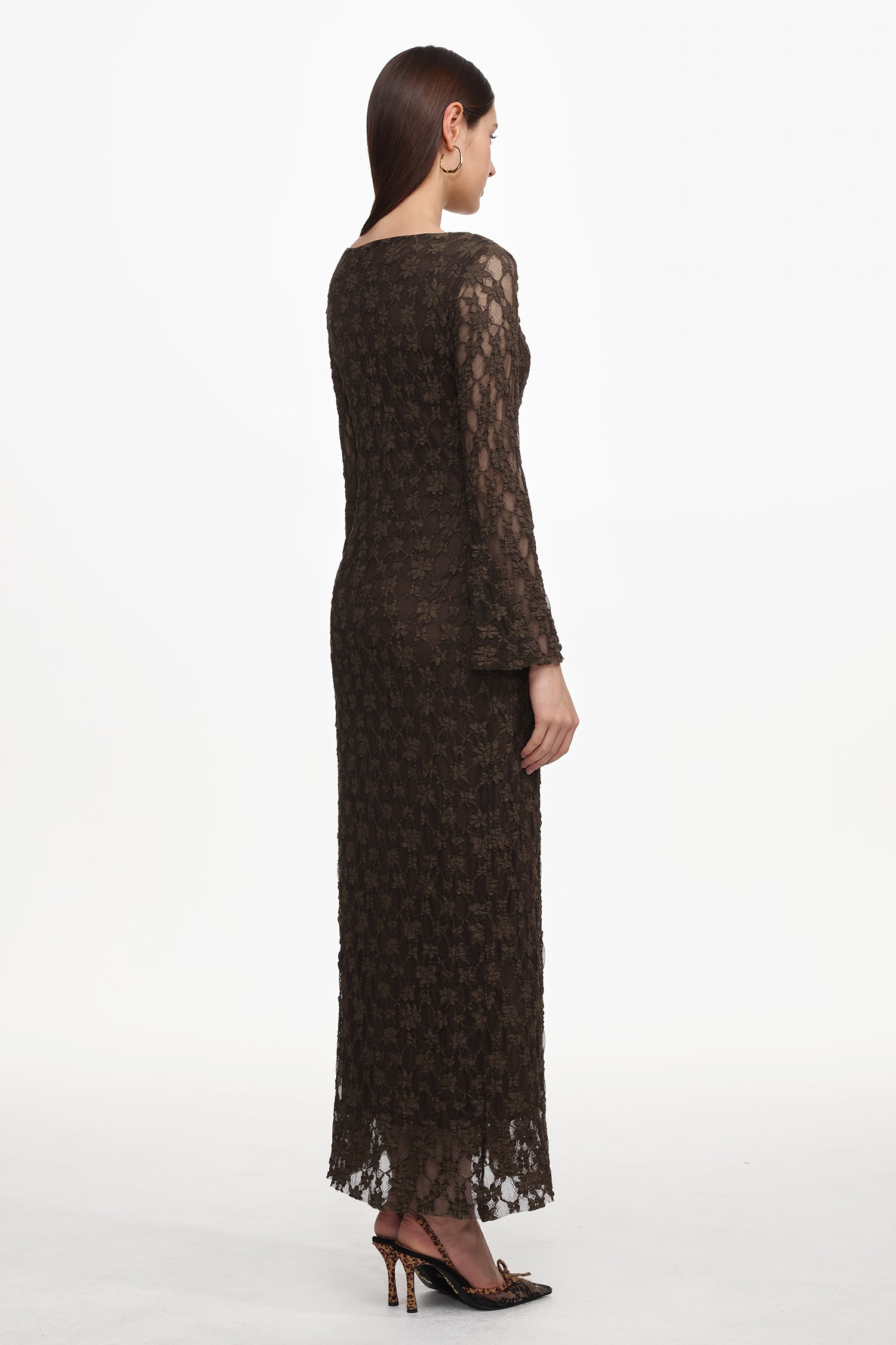 Kyli Elegant Flowy Long Sleeve Lace Knit Maxi Dress