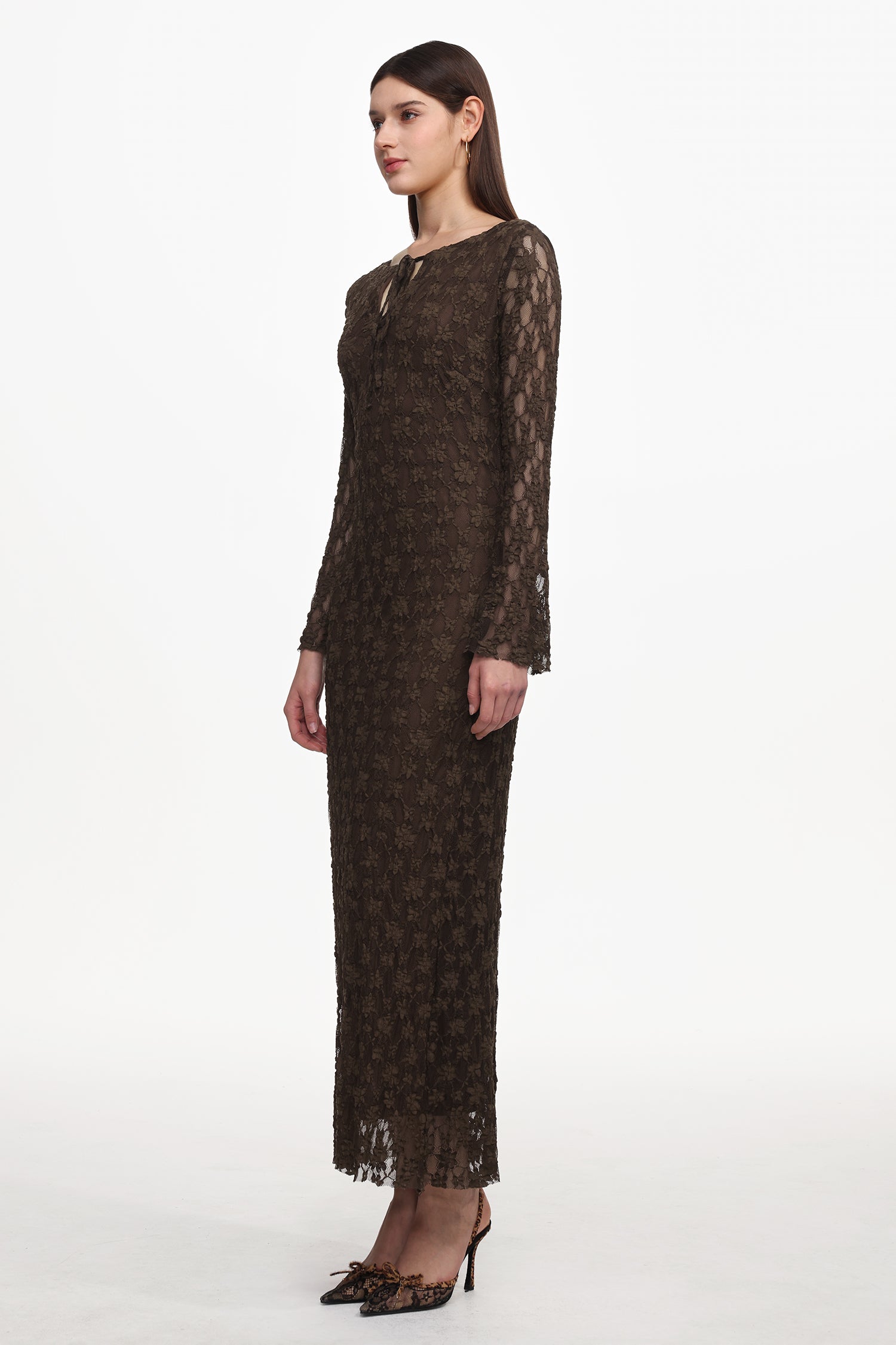 Kyli Elegant Flowy Long Sleeve Lace Knit Maxi Dress